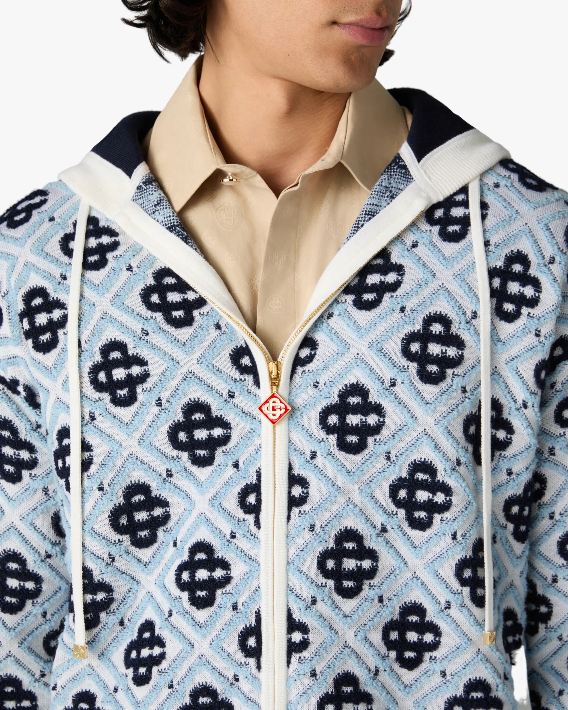 Blue Merino Monogram Zip-Up Hooded Sweatshirt