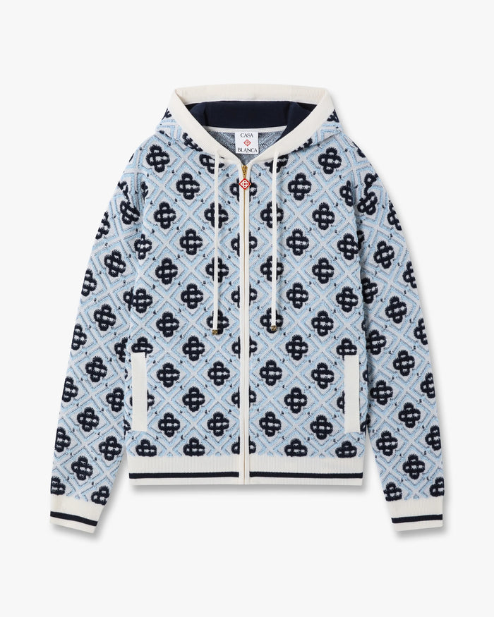 Blue Merino Monogram Zip-Up Hooded Sweatshirt