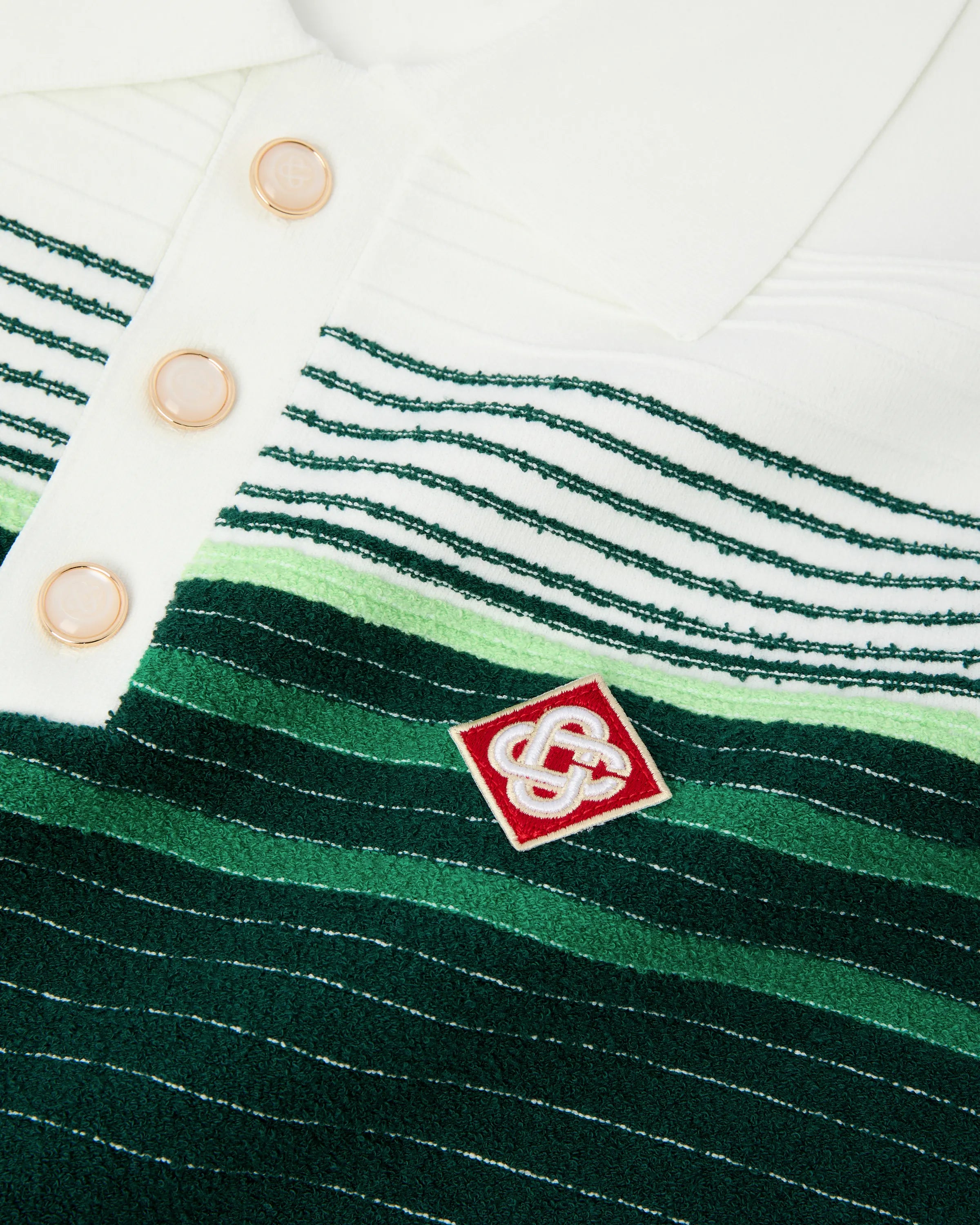 White & Green Boucle Stripe Short Sleeve Polo Shirt