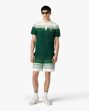 White & Green Boucle Stripe Short Sleeve Polo Shirt