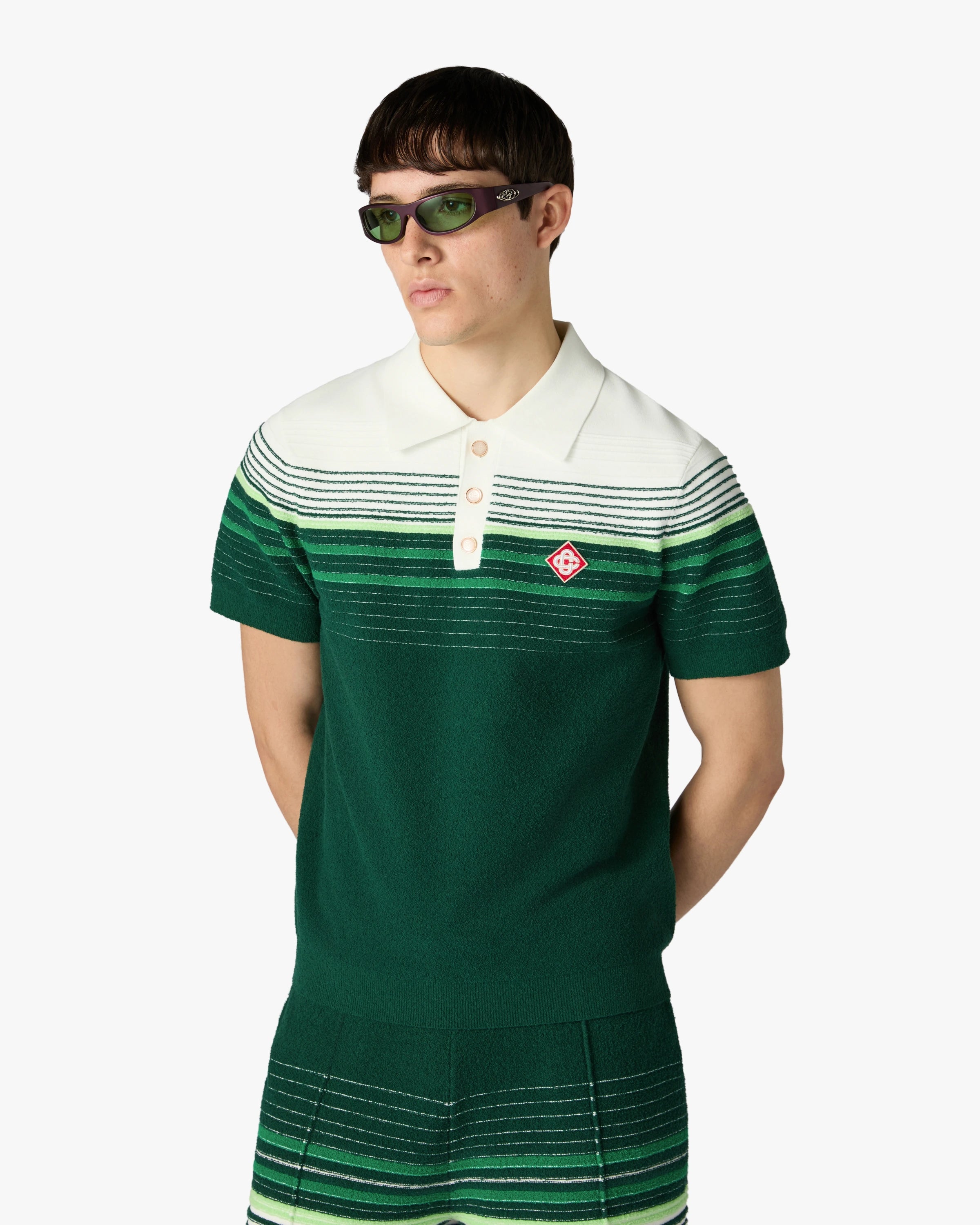 White & Green Boucle Stripe Short Sleeve Polo Shirt