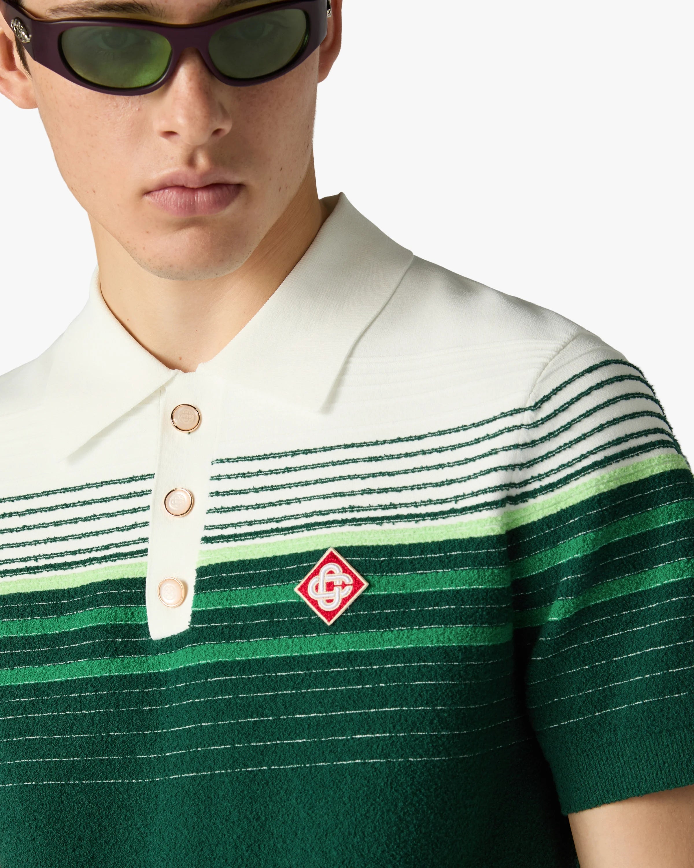White & Green Boucle Stripe Short Sleeve Polo Shirt