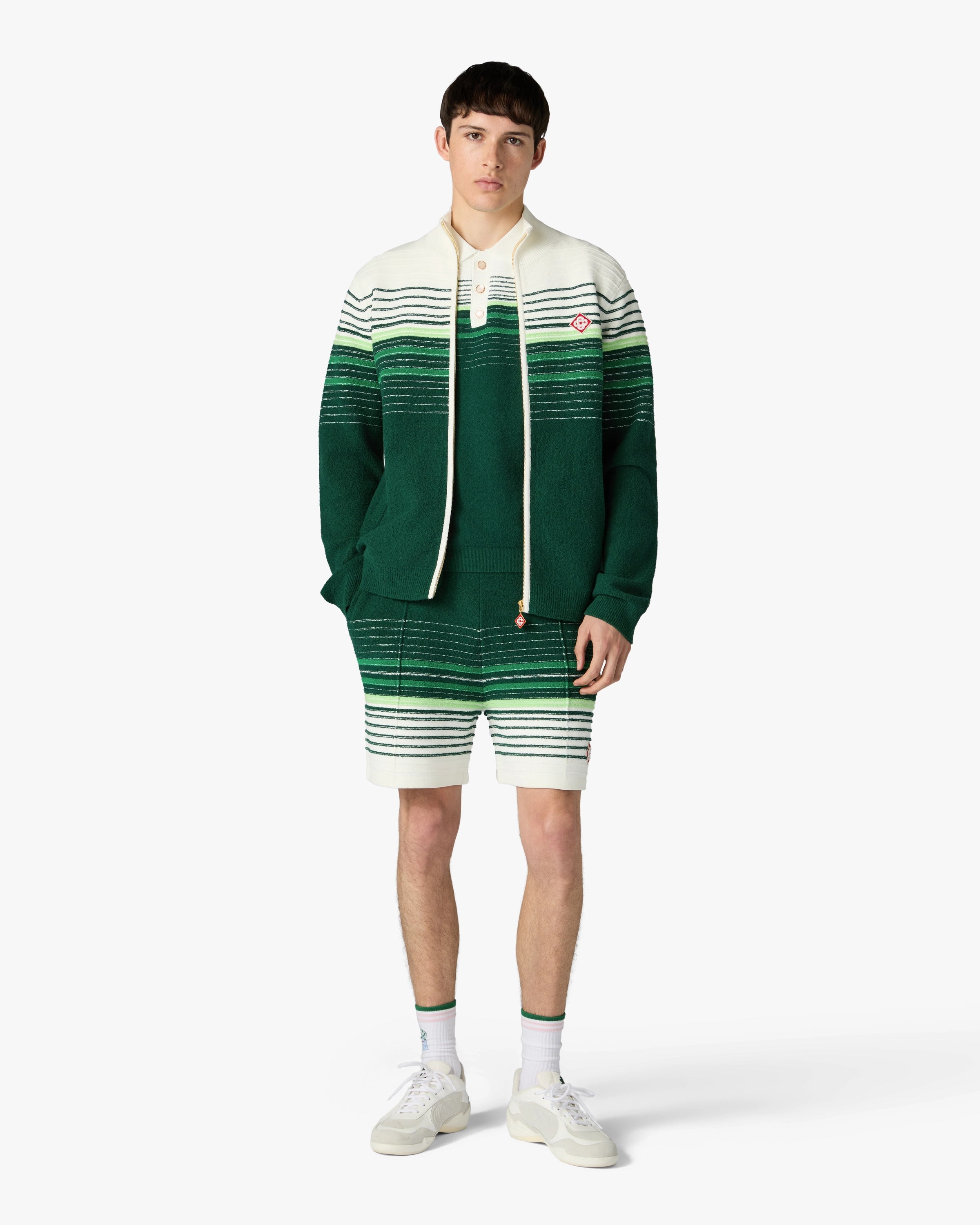 White & Green Boucle Stripe Shorts