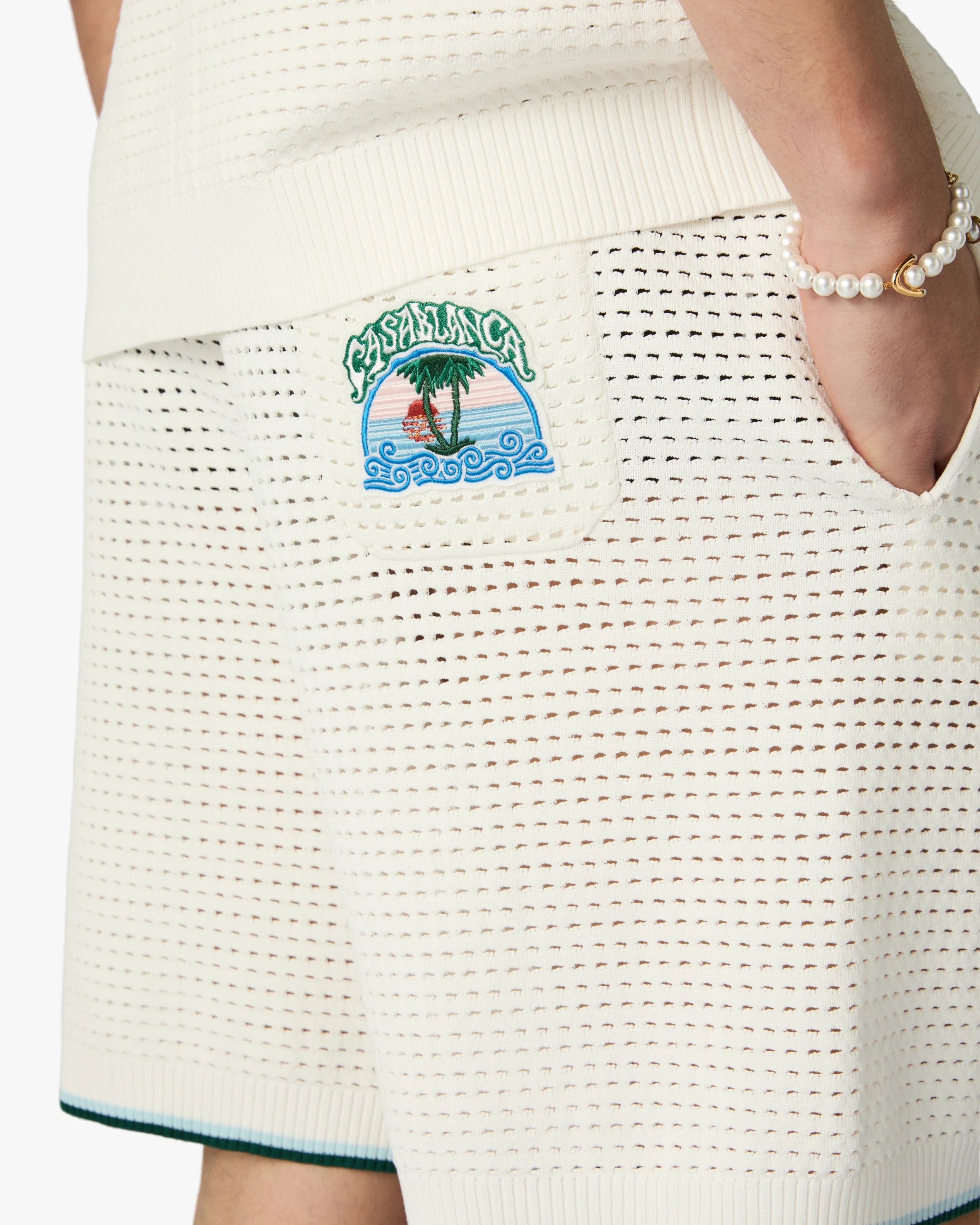 White Palm Tree Emblem Crochet Shorts