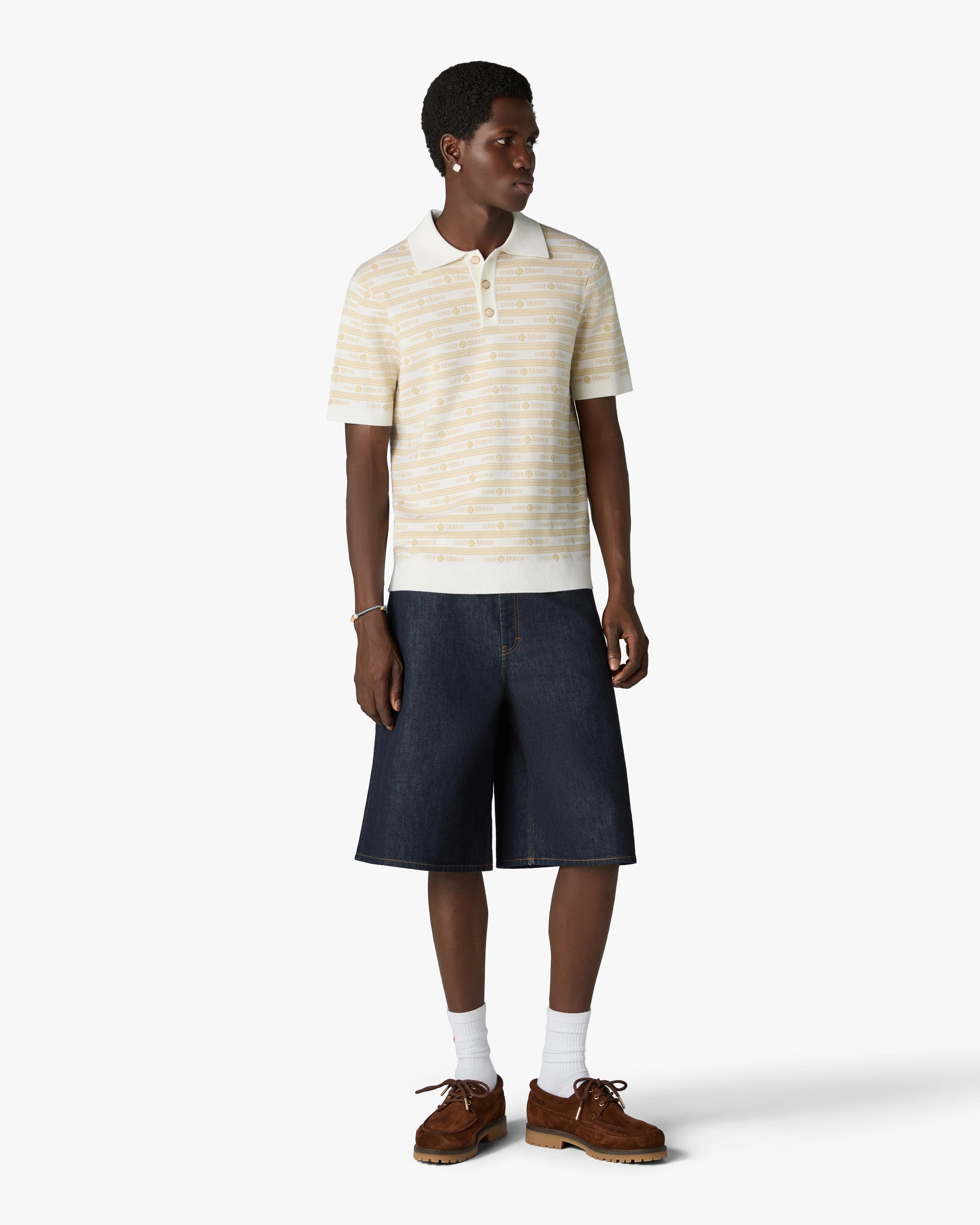 Beige Knit Logo Short Sleeve Polo Shirt