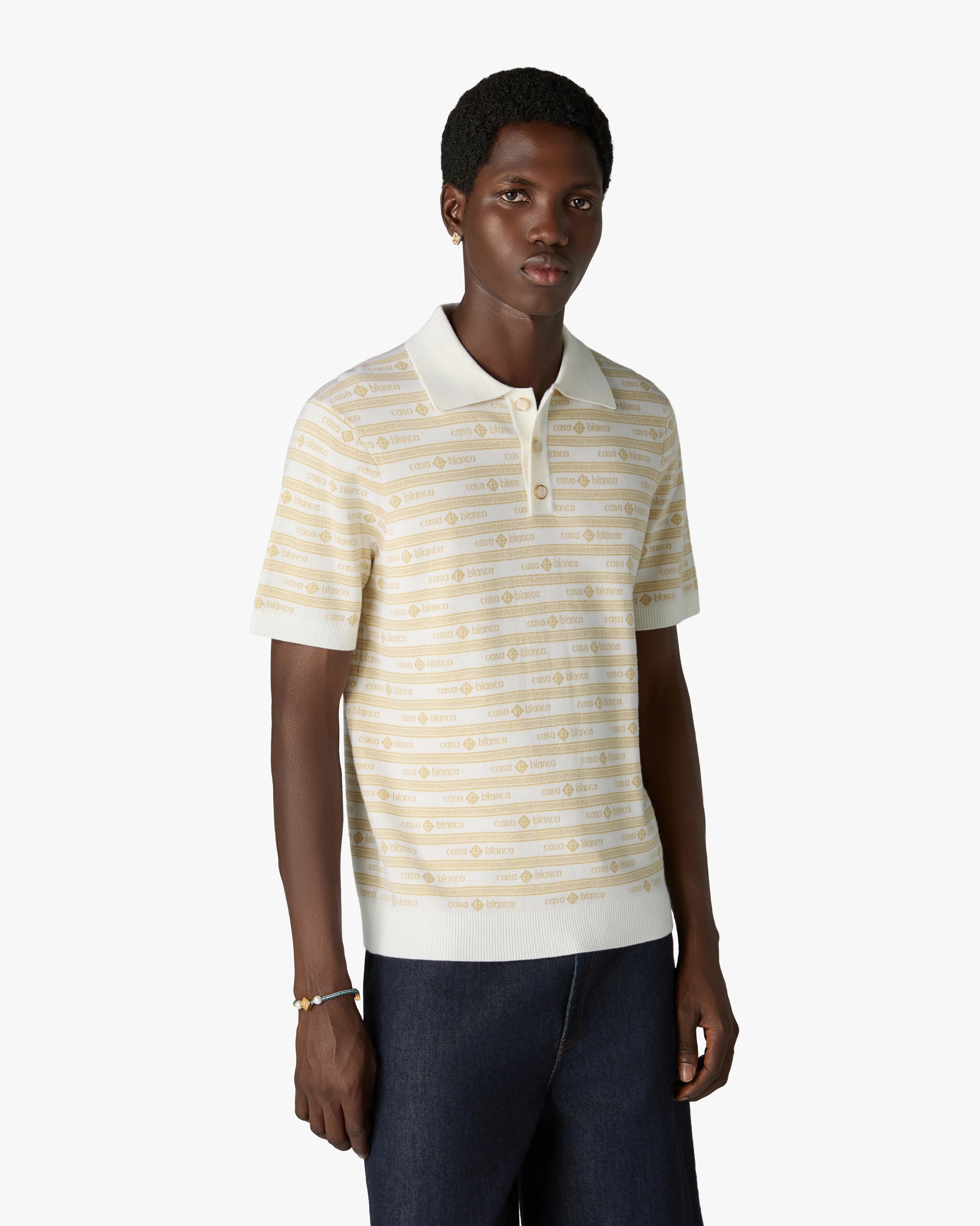Beige Knit Logo Short Sleeve Polo Shirt