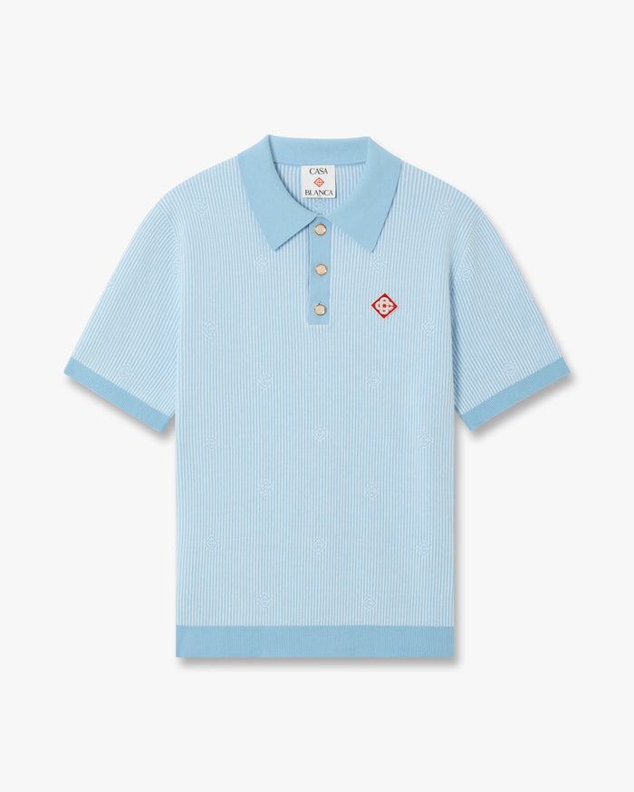 Light Blue Pinstripe Short Sleeve Knit Polo Shirt | Casablanca Paris Light Blue Pinstripe Short Sleeve Knit Polo Shirt | Casablanca Paris