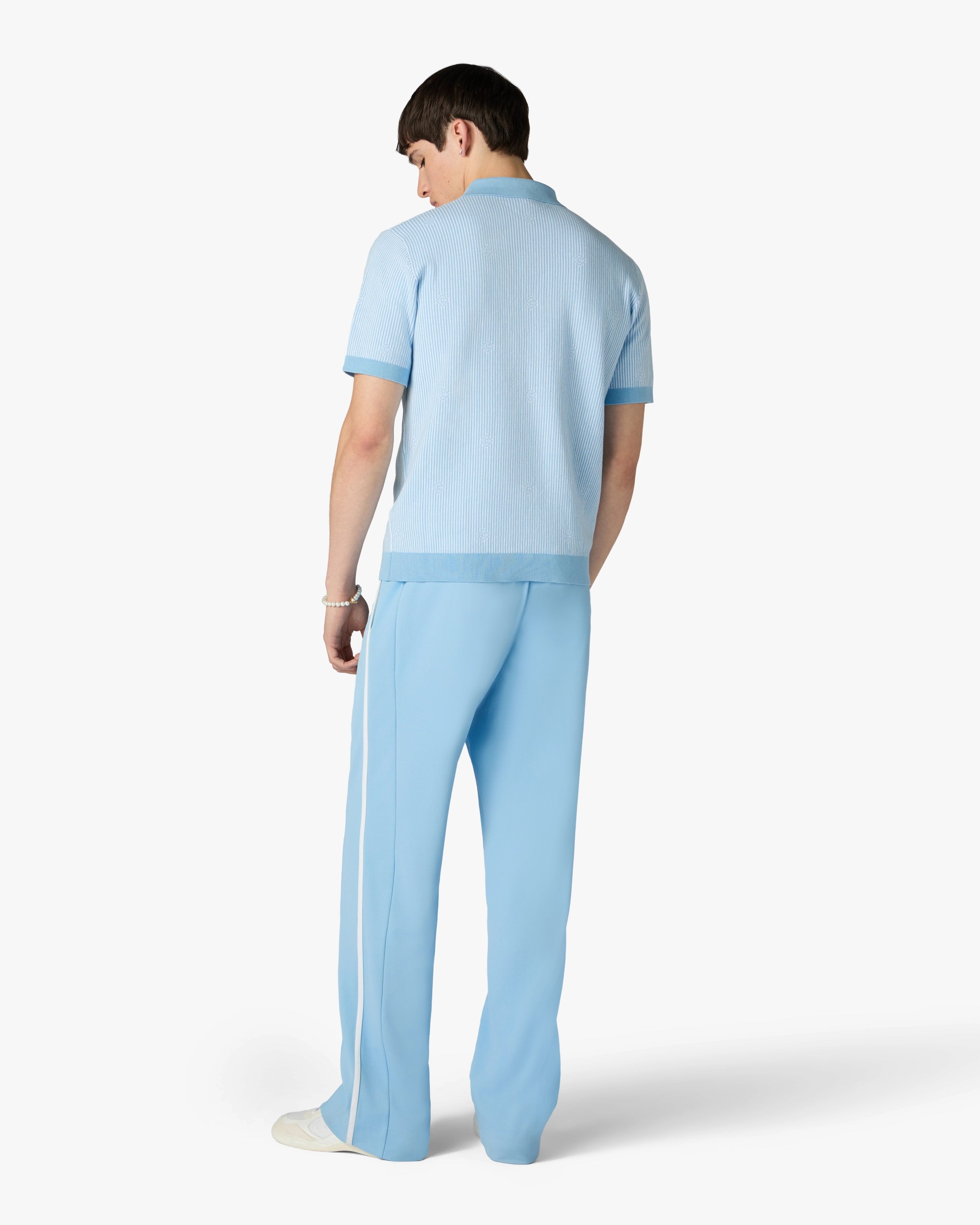 Light Blue Pinstripe Short Sleeve Knit Polo Shirt