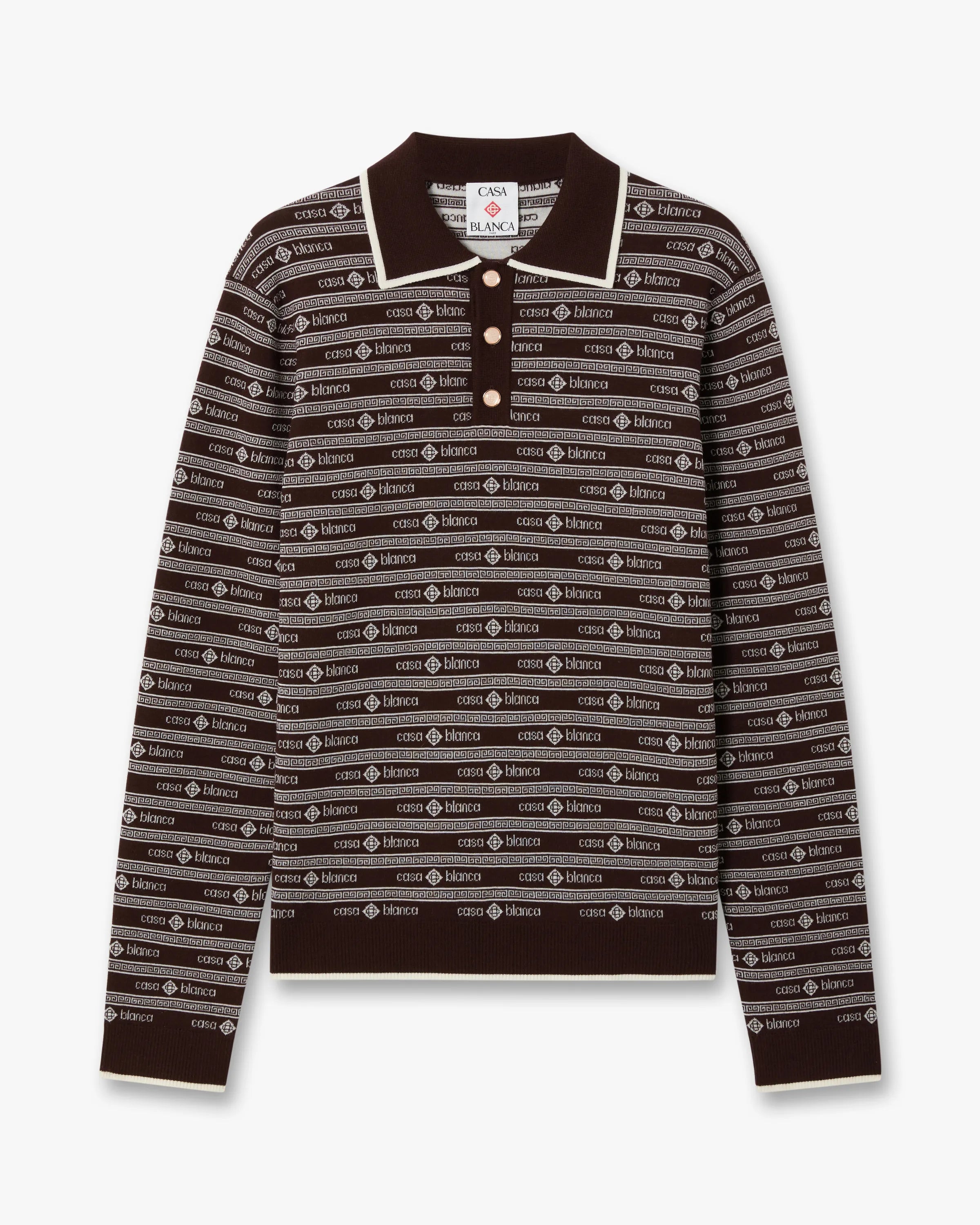 Dark Brown Knit Logo Long Sleeve Polo Shirt