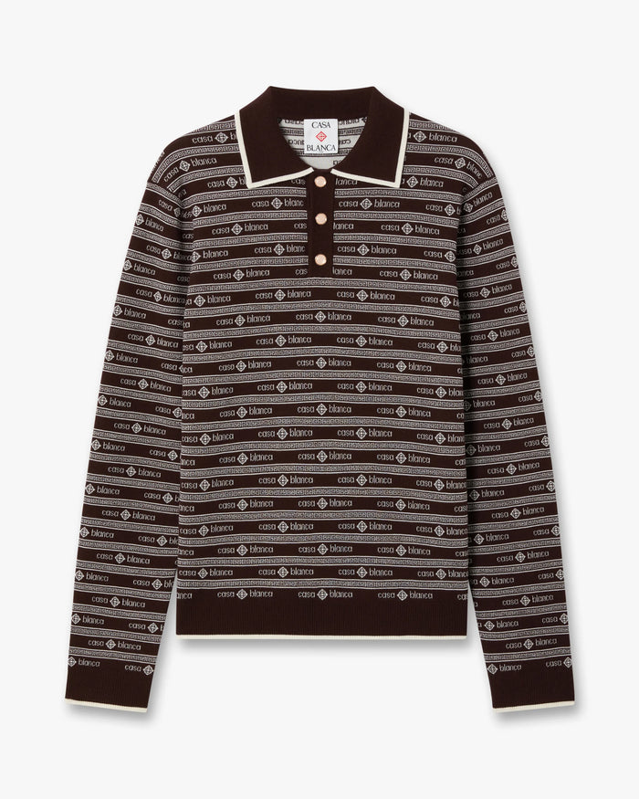 Dark Brown Knit Logo Long Sleeve Polo Shirt