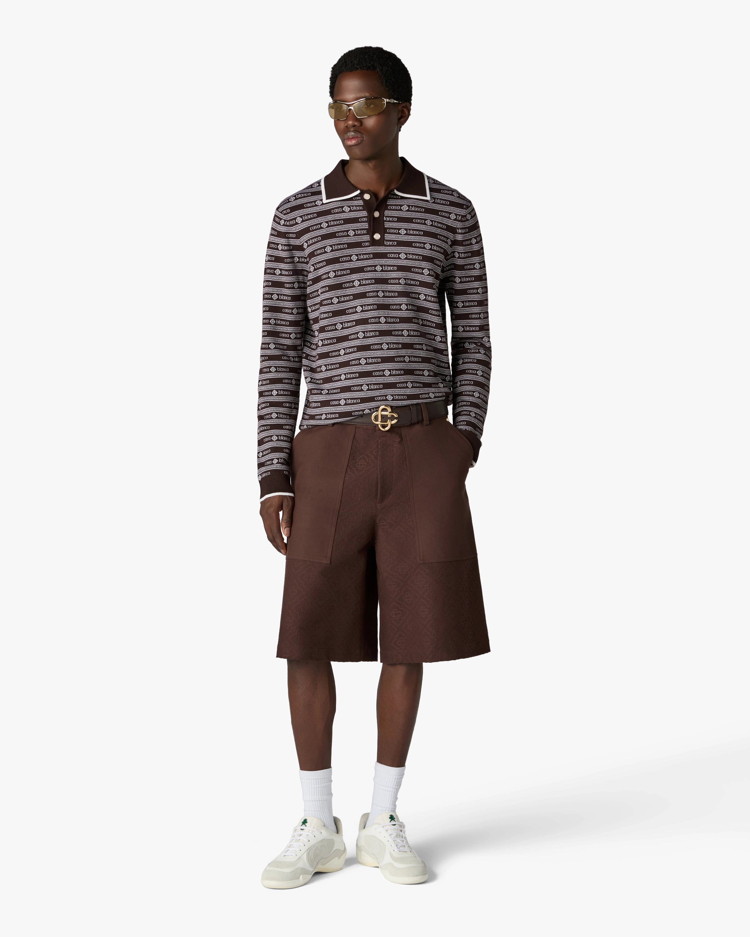 Dark Brown Knit Logo Long Sleeve Polo Shirt