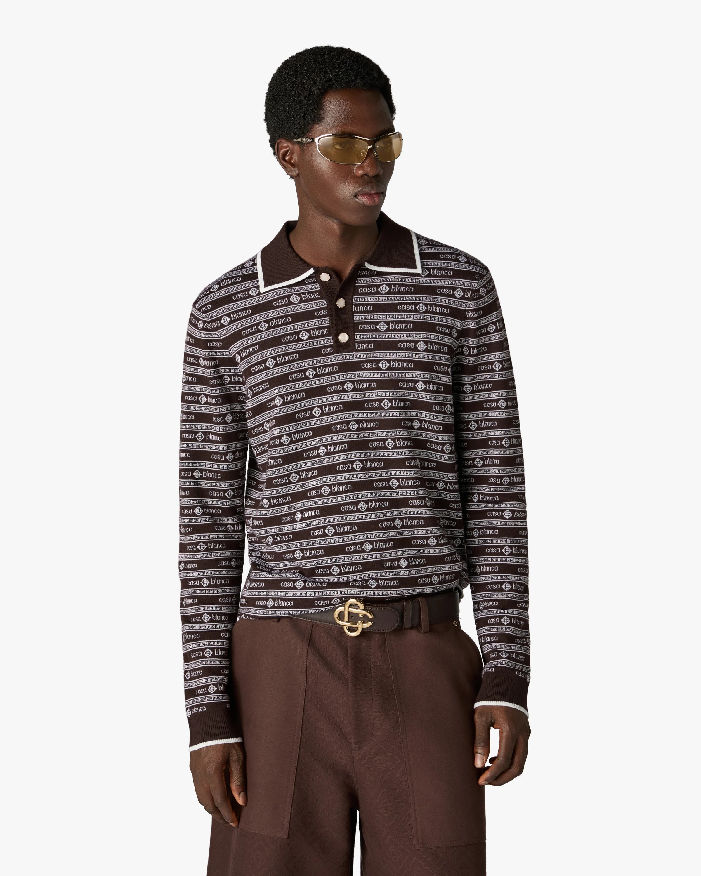 Dark Brown Knit Logo Long Sleeve Polo Shirt