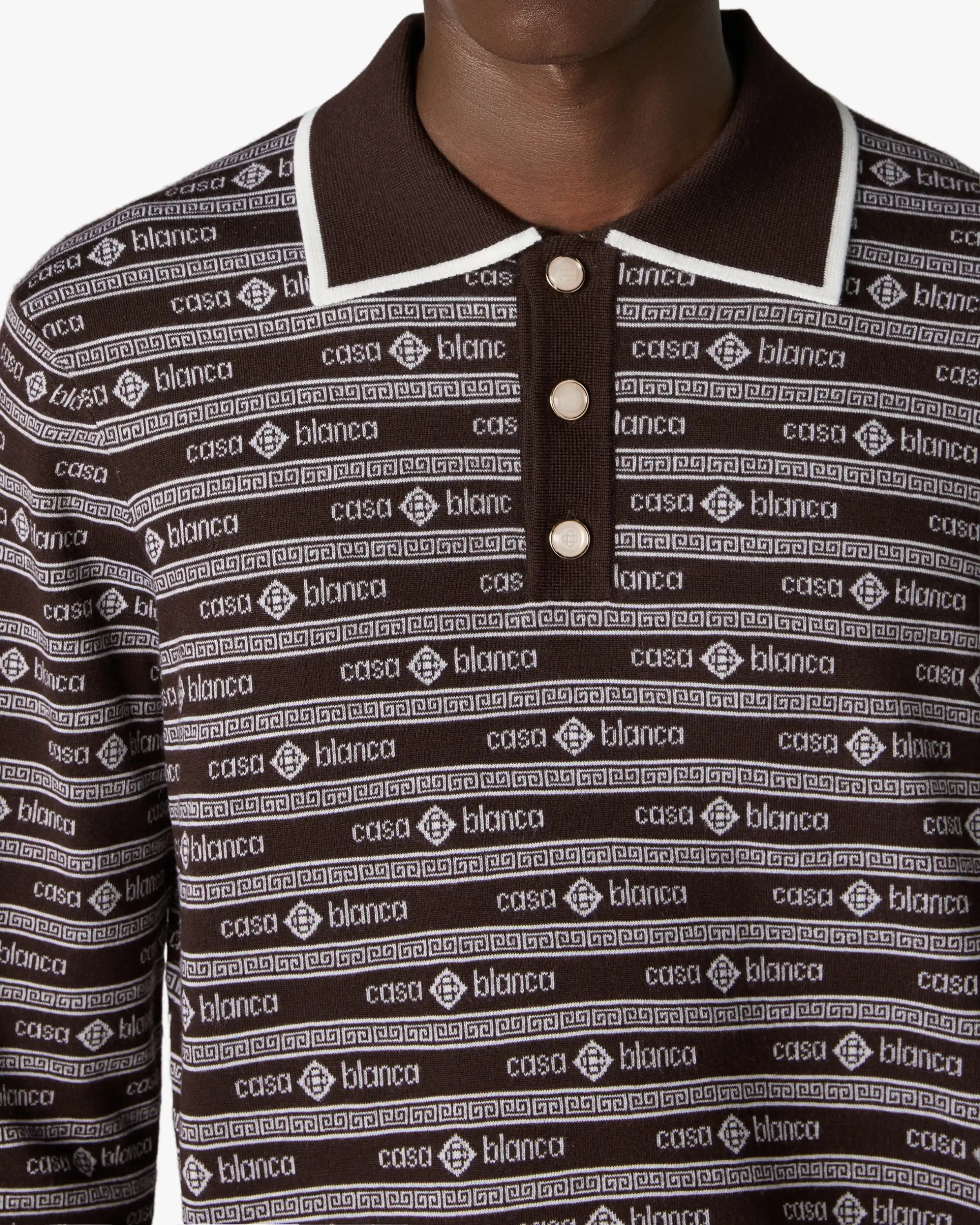 Dark Brown Knit Logo Long Sleeve Polo Shirt