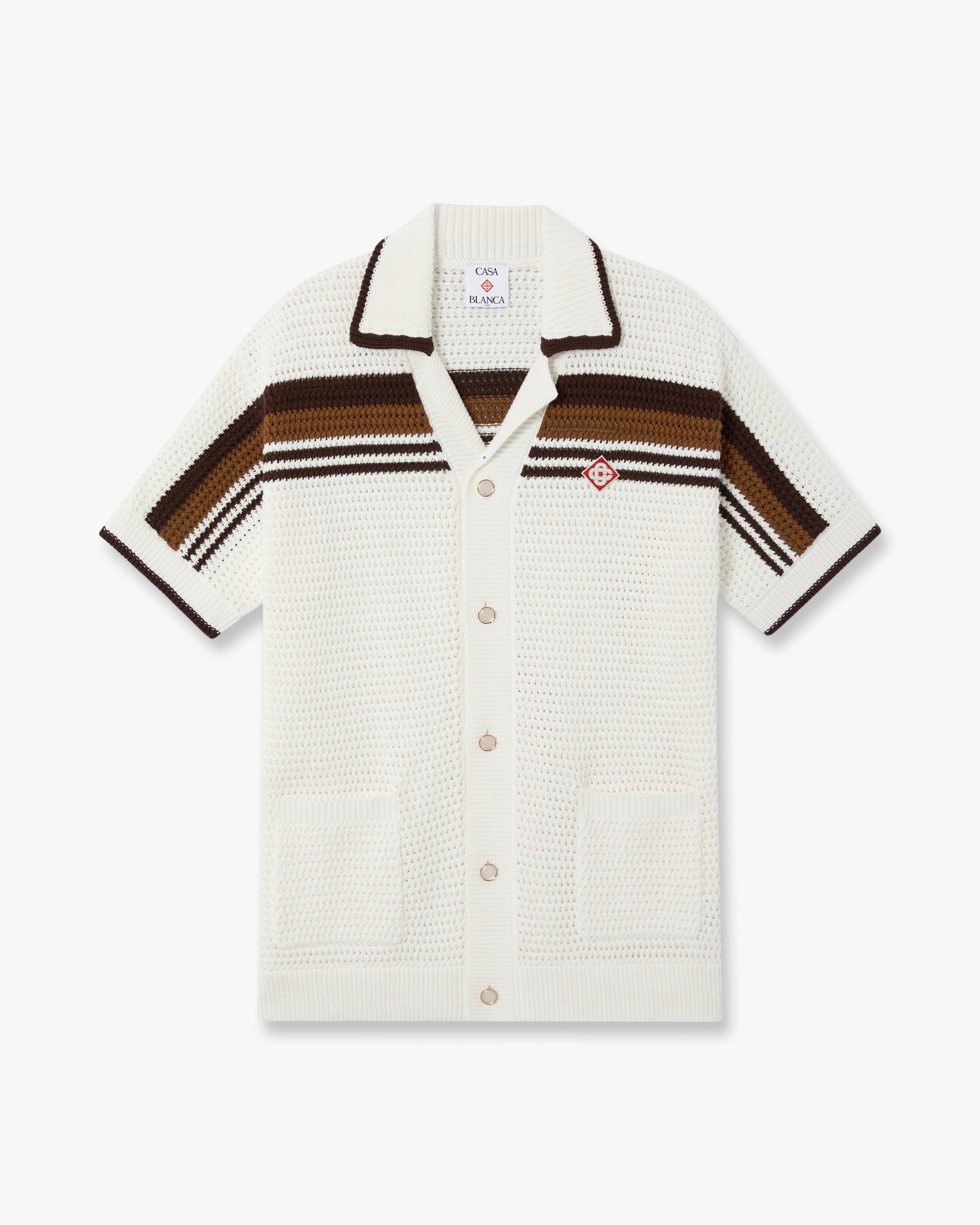 White & Brown Tennis Stripe Crochet Short Sleeve Shirt