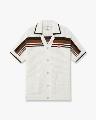 White & Brown Tennis Stripe Crochet Short Sleeve Shirt
