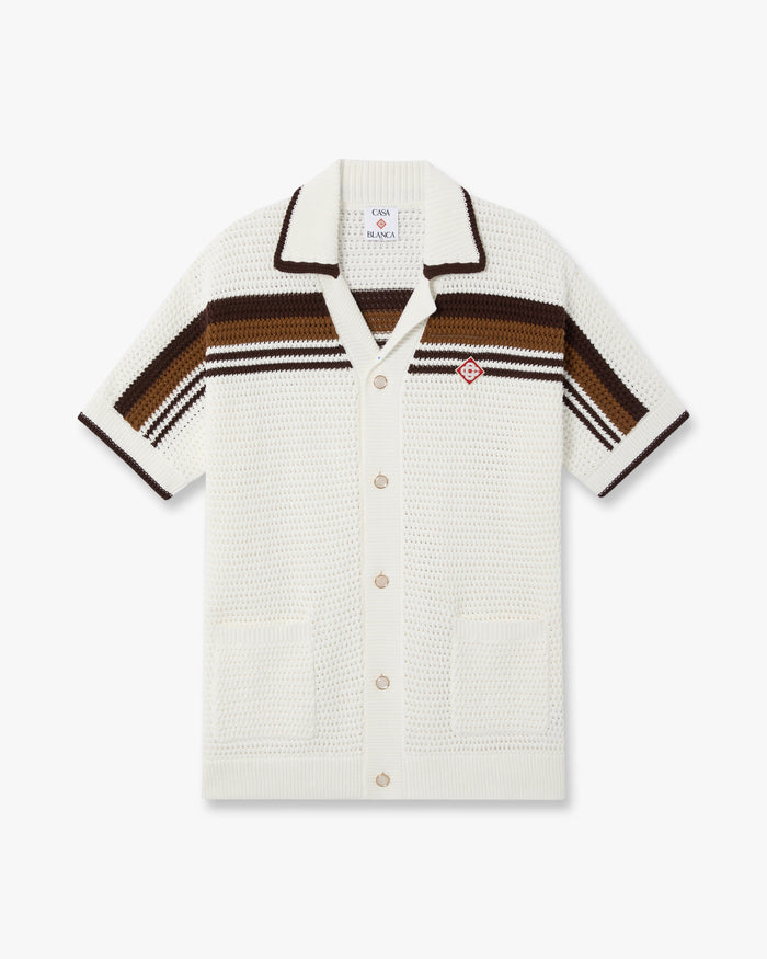 White & Brown Tennis Stripe Crochet Short Sleeve Shirt