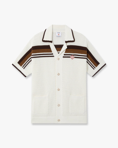 White & Brown Tennis Stripe Crochet Short Sleeve Shirt