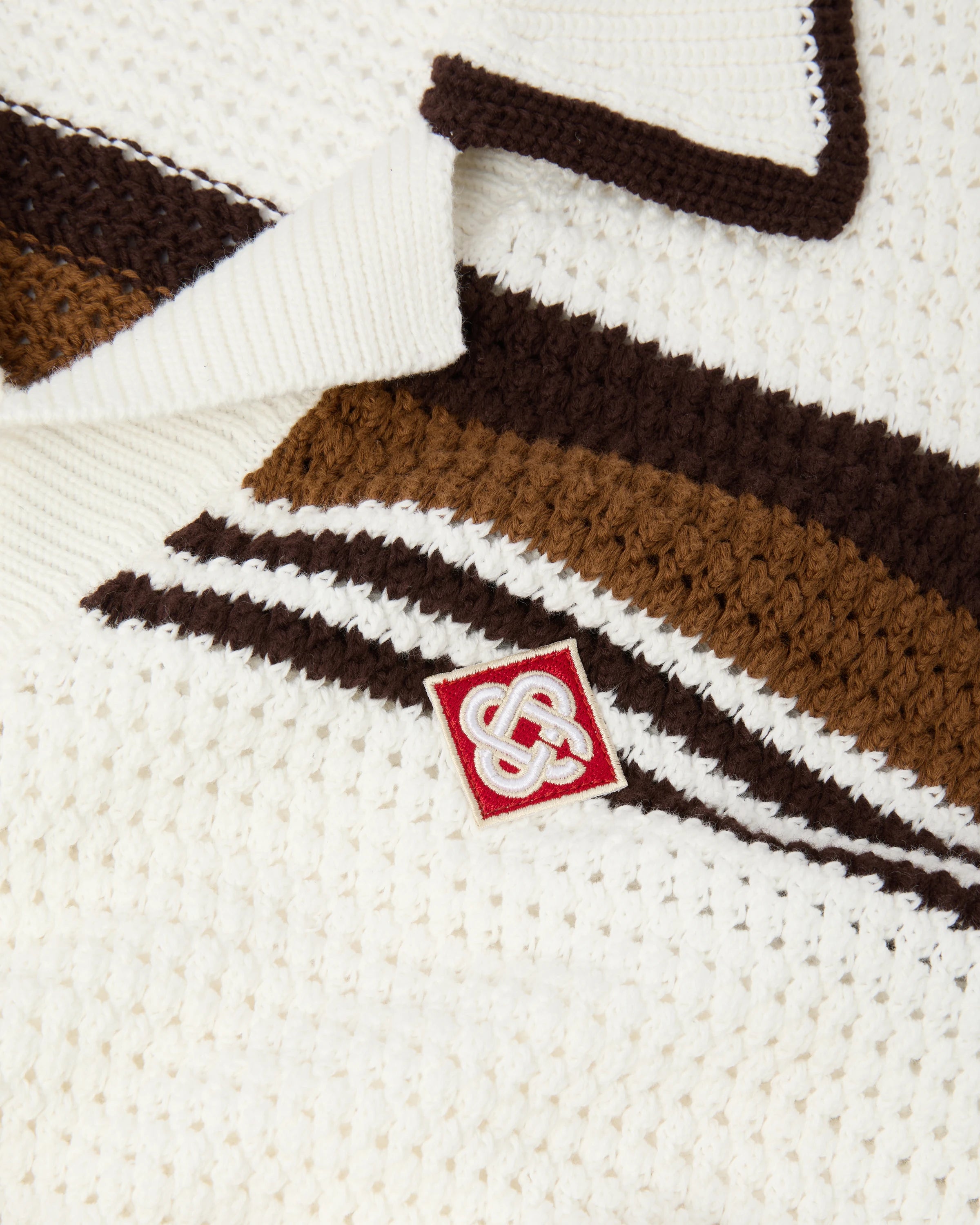 White & Brown Tennis Stripe Crochet Short Sleeve Shirt