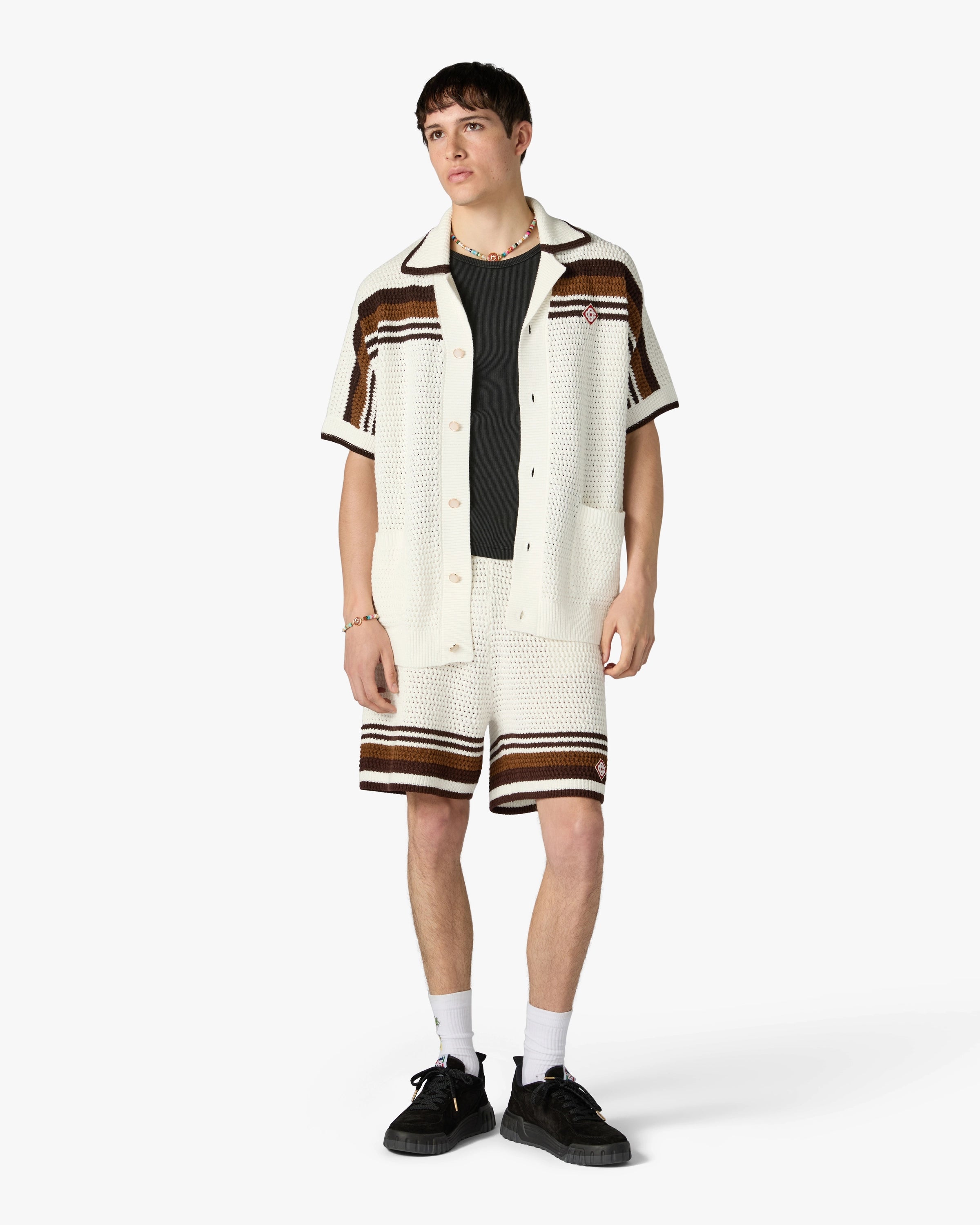 White & Brown Tennis Stripe Crochet Short Sleeve Shirt