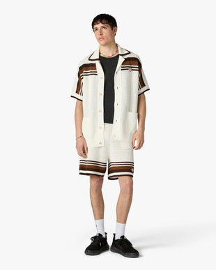 White & Brown Tennis Stripe Crochet Short Sleeve Shirt