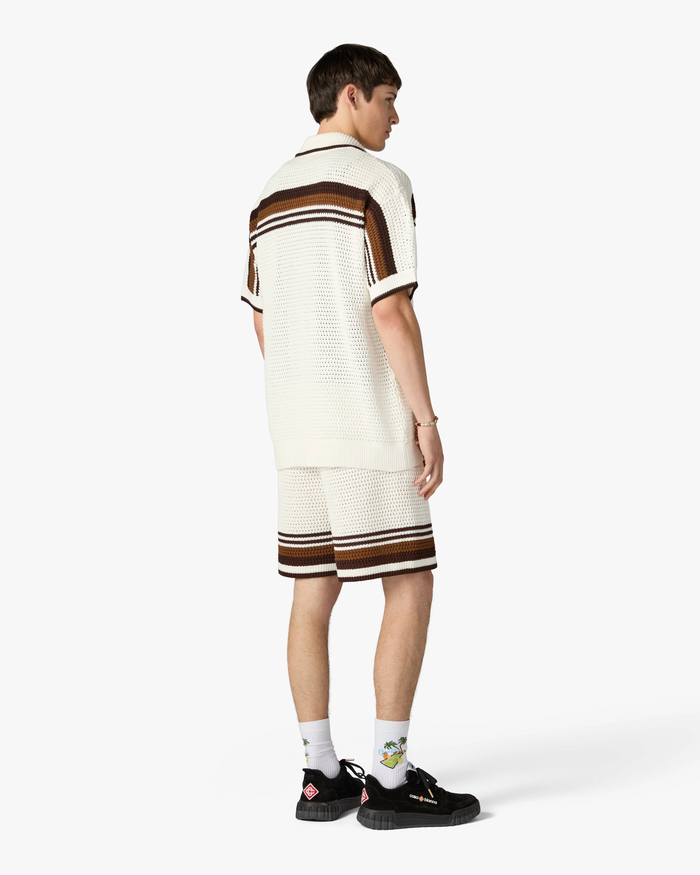 White & Brown Tennis Stripe Crochet Short Sleeve Shirt