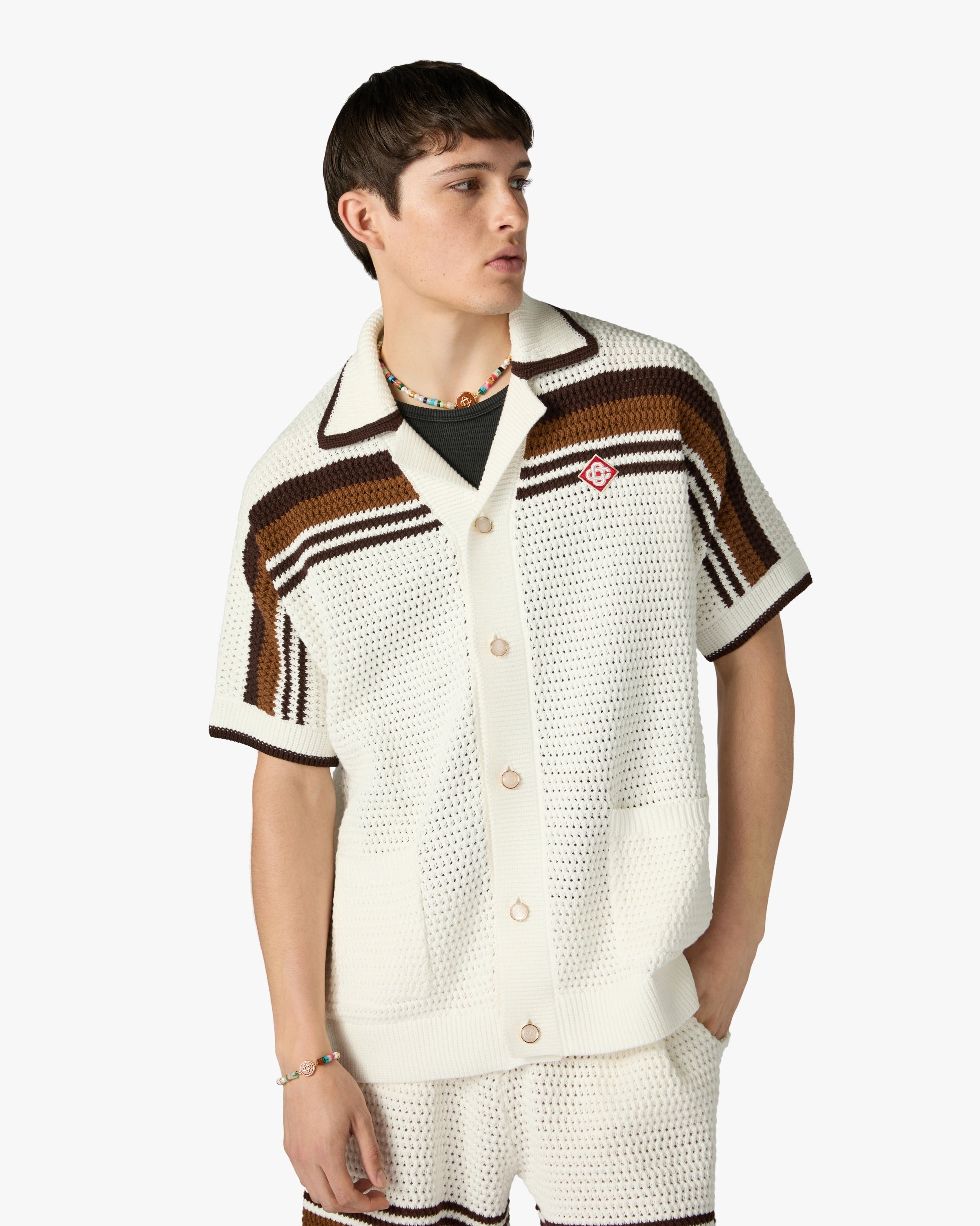 White & Brown Tennis Stripe Crochet Short Sleeve Shirt