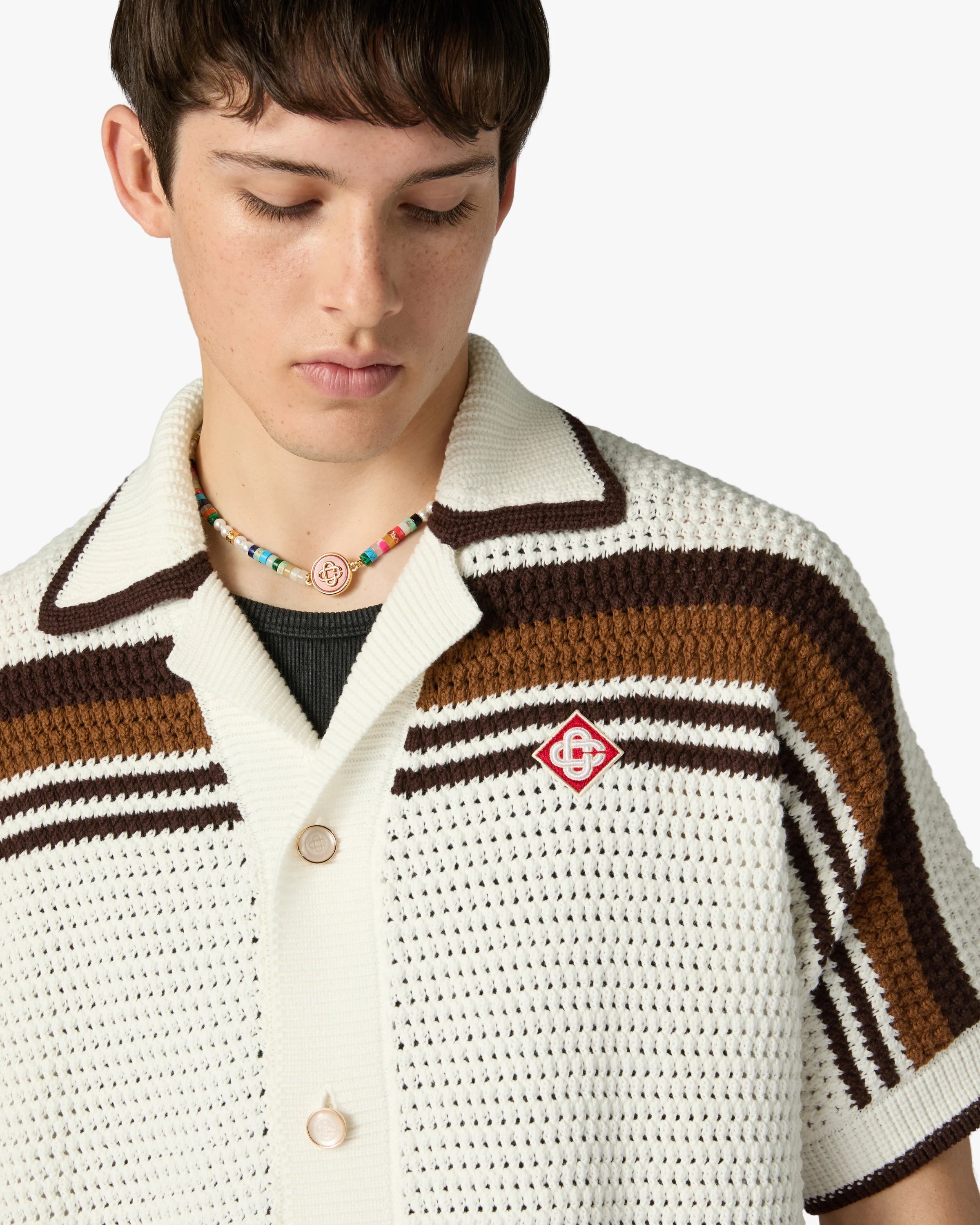 White & Brown Tennis Stripe Crochet Short Sleeve Shirt