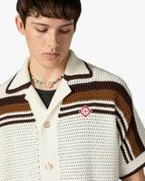 White & Brown Tennis Stripe Crochet Short Sleeve Shirt