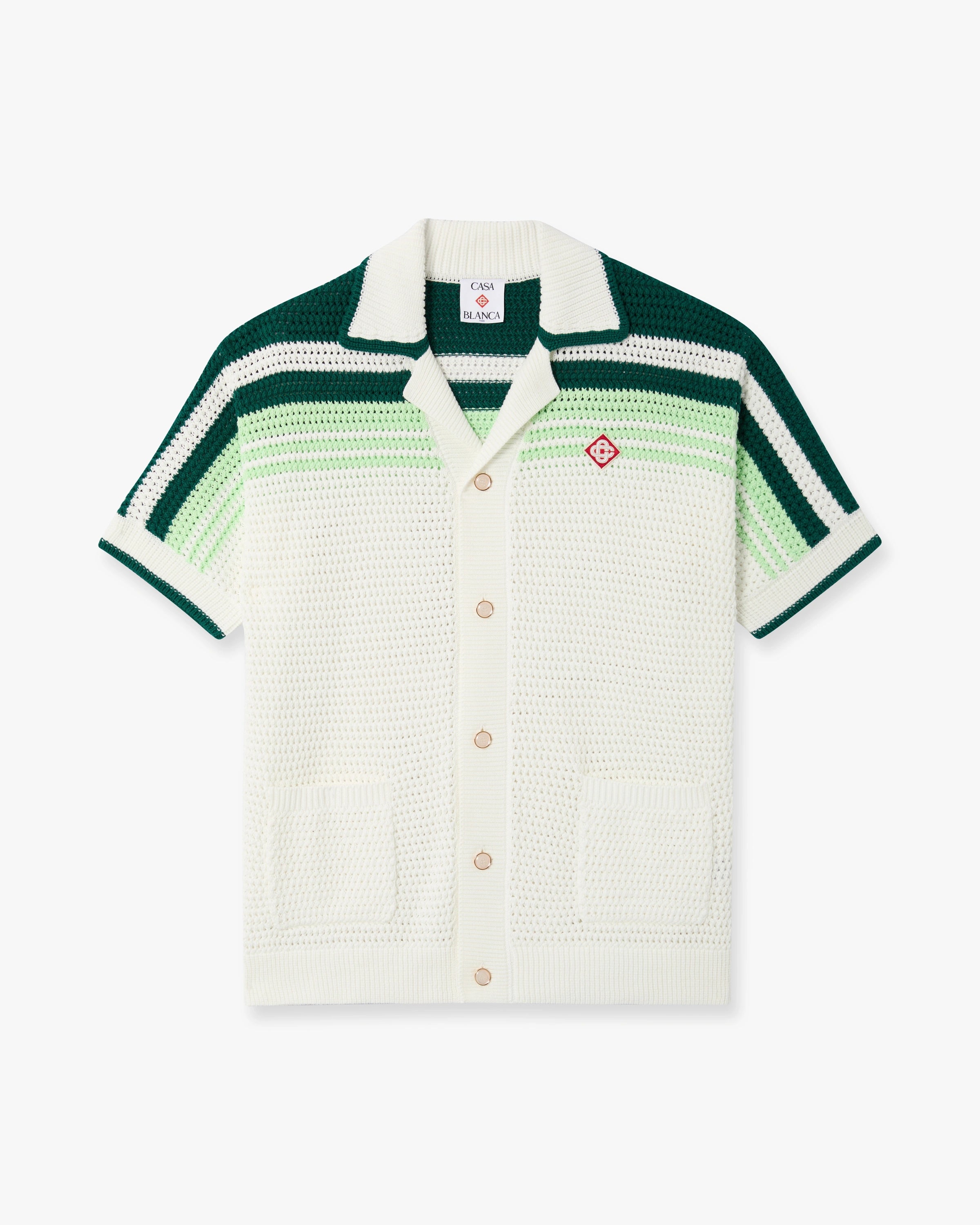 Green & White Tennis Stripe Crochet Short Sleeve Shirt