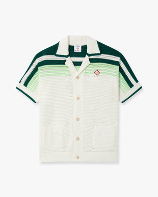 Green & White Tennis Stripe Crochet Short Sleeve Shirt