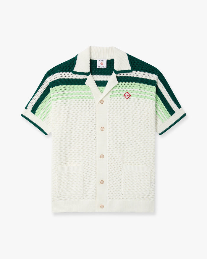 Green & White Tennis Stripe Crochet Short Sleeve Shirt