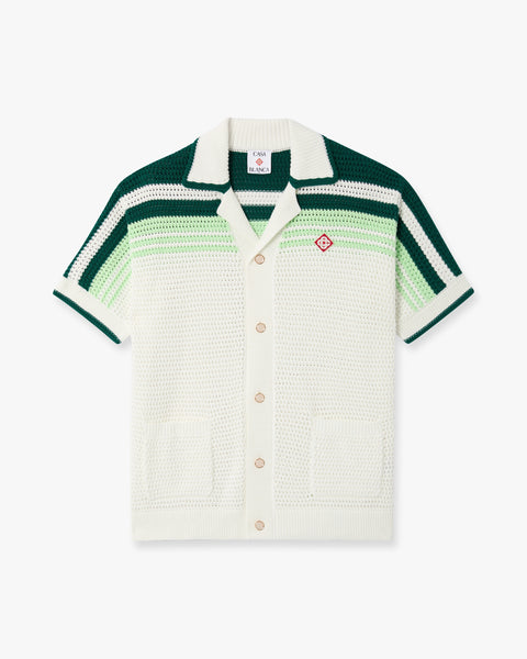 Green & White Tennis Stripe Crochet Short Sleeve Shirt