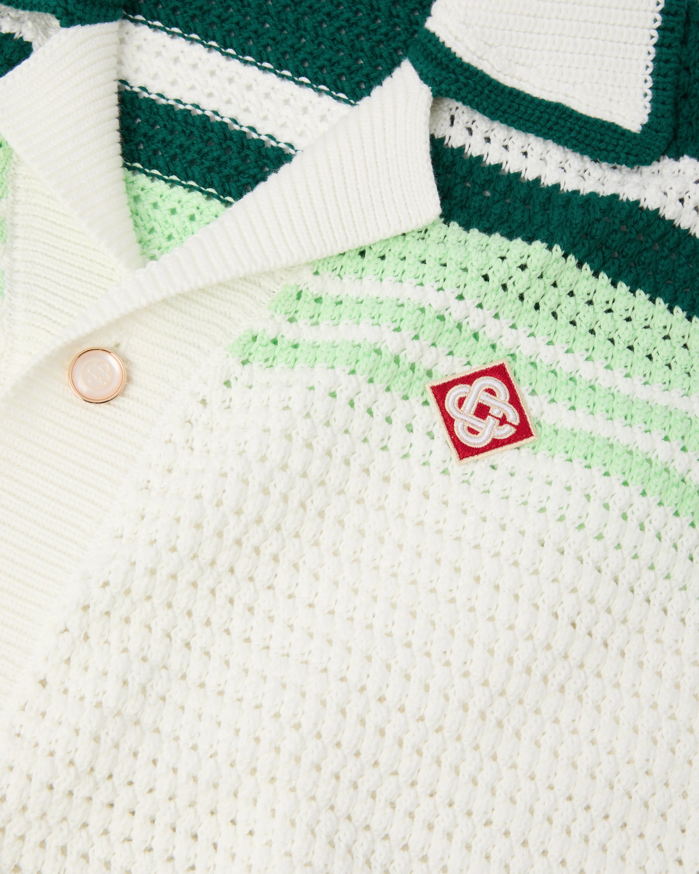 Green & White Tennis Stripe Crochet Short Sleeve Shirt