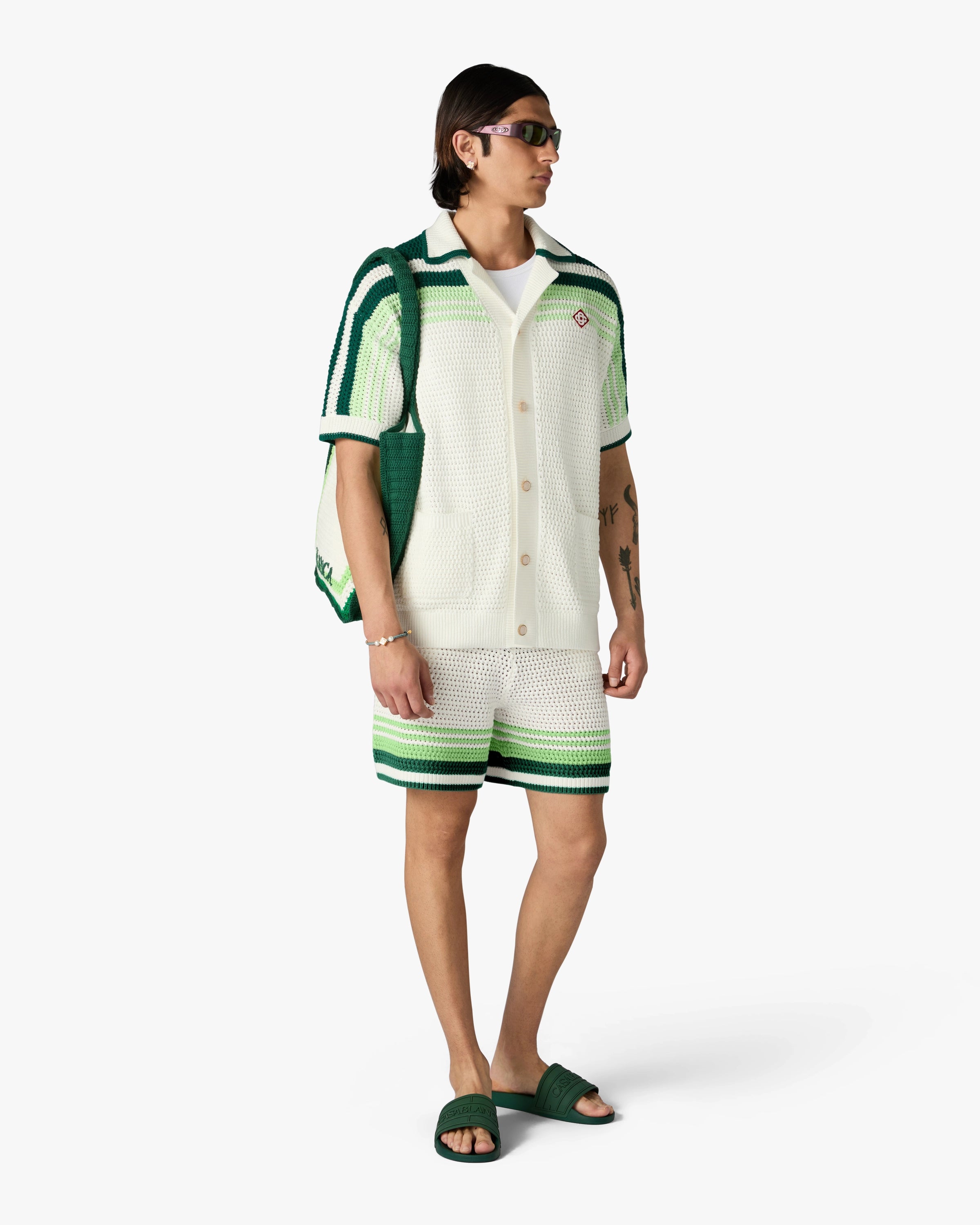 Green & White Tennis Stripe Crochet Short Sleeve Shirt