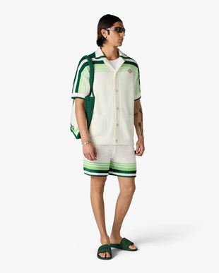 Green & White Tennis Stripe Crochet Short Sleeve Shirt