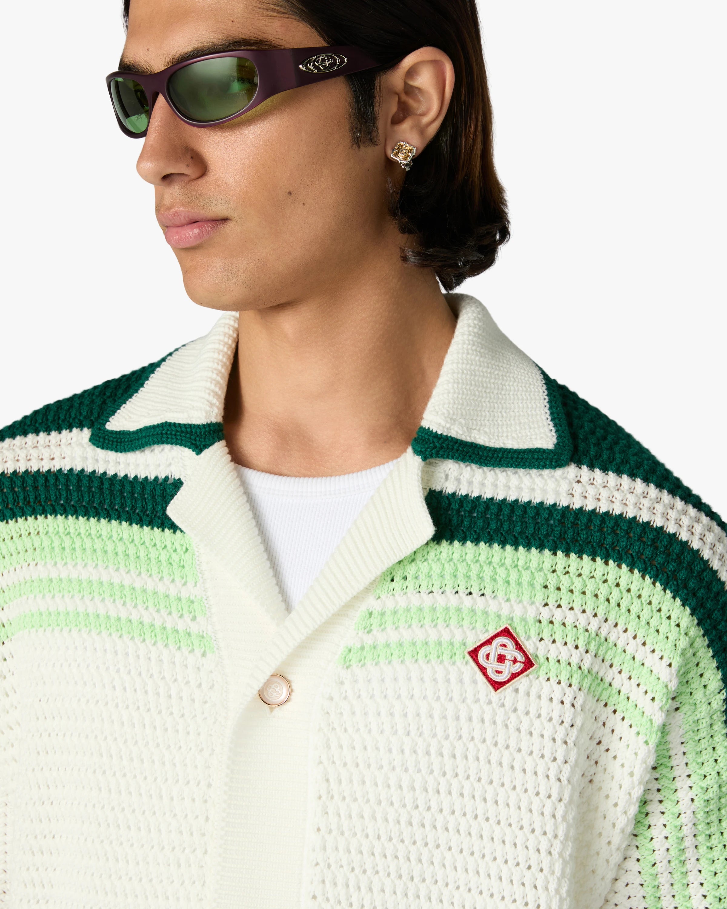Green & White Tennis Stripe Crochet Short Sleeve Shirt