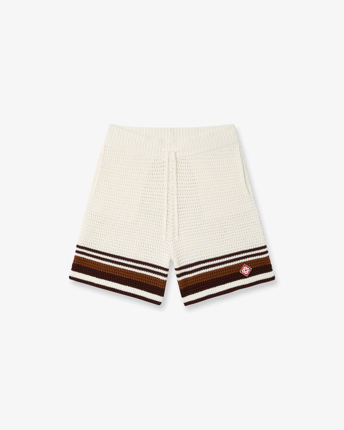 White & Brown Tennis Stripe Crochet Shorts