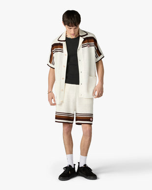 White & Brown Tennis Stripe Crochet Shorts