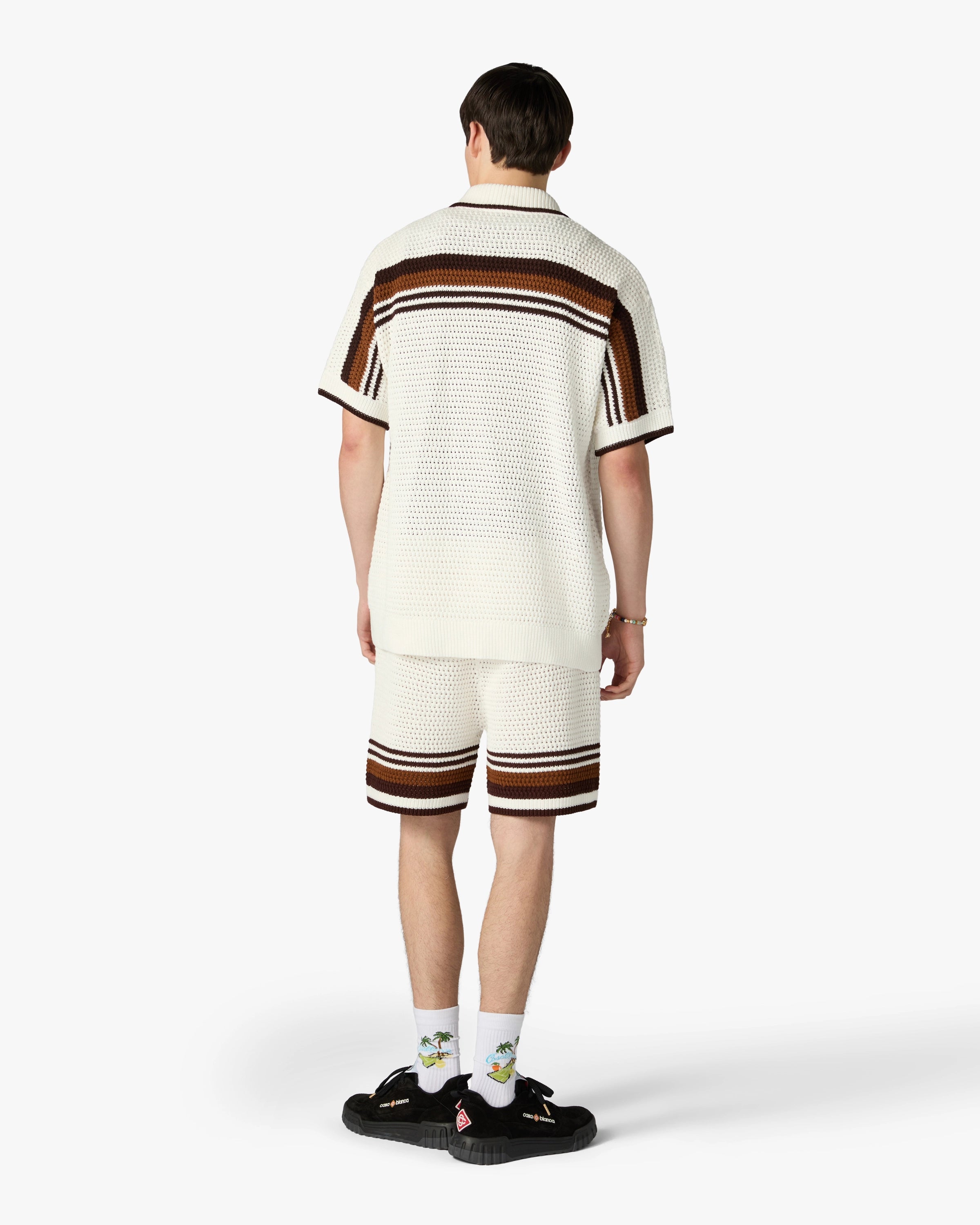 White & Brown Tennis Stripe Crochet Shorts