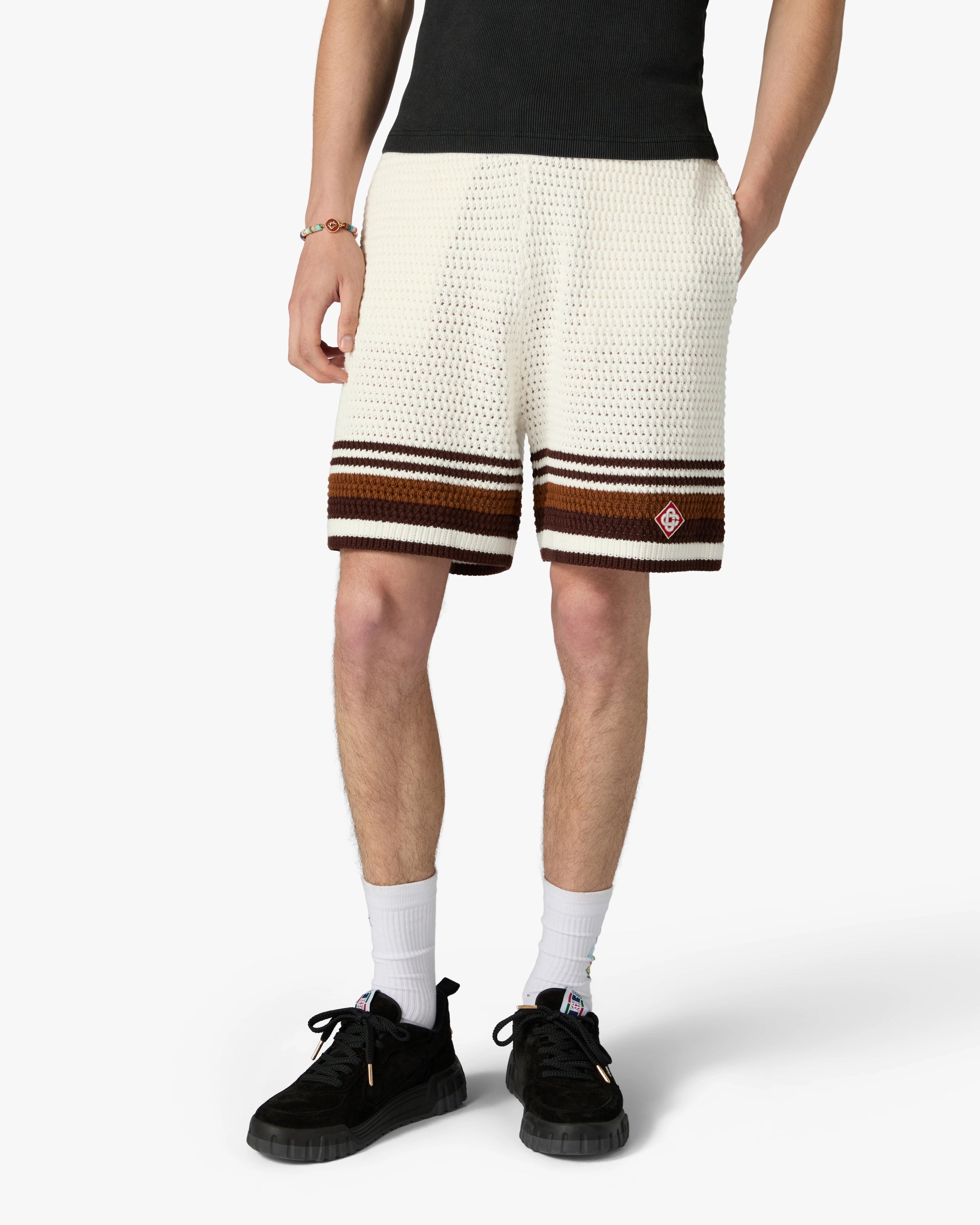 White & Brown Tennis Stripe Crochet Shorts