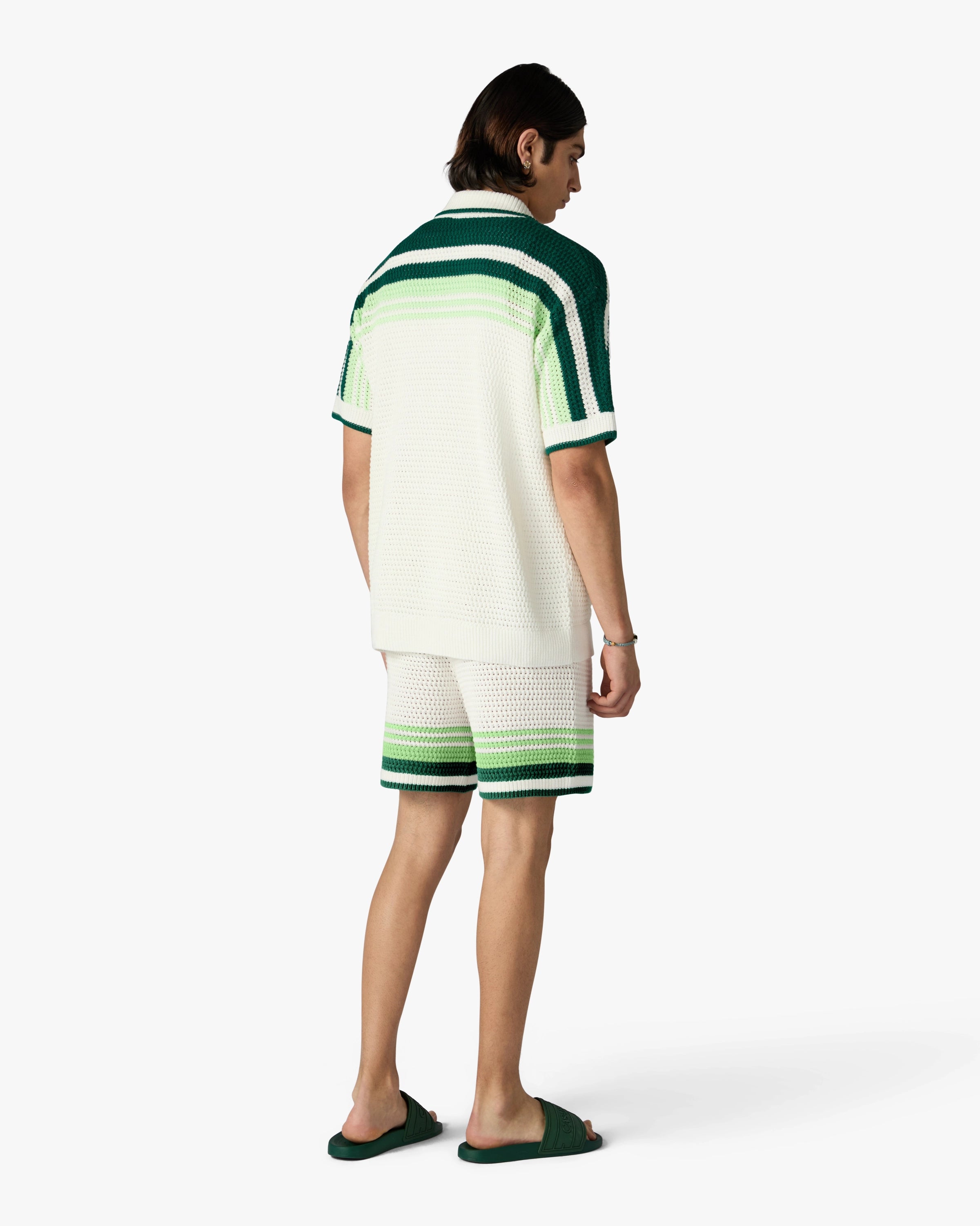 Green & White Tennis Stripe Crochet Shorts