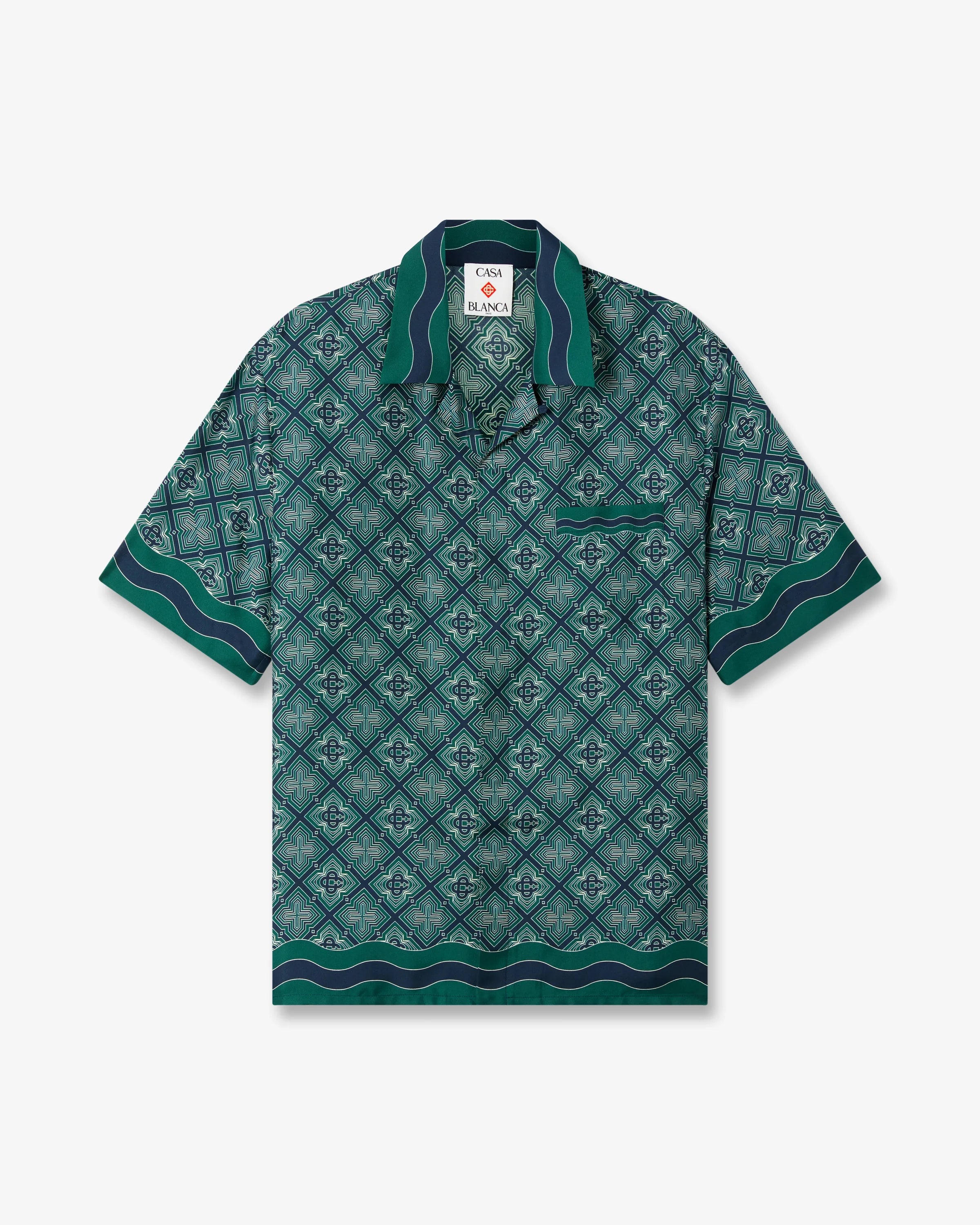 Dark Green Radiating Monogram Short Sleeve Silk Shirt