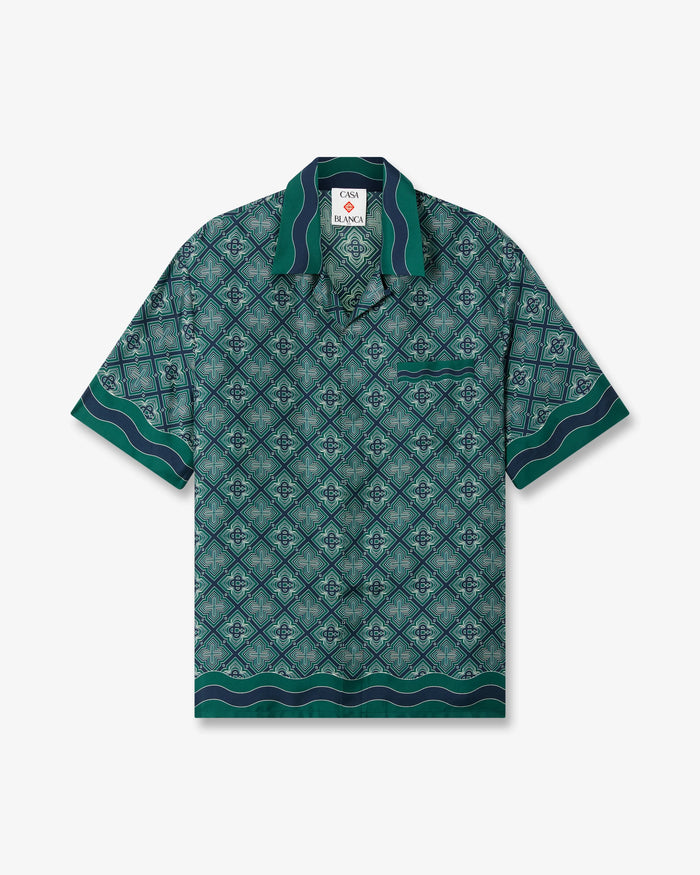 Dark Green Radiating Monogram Short Sleeve Silk Shirt