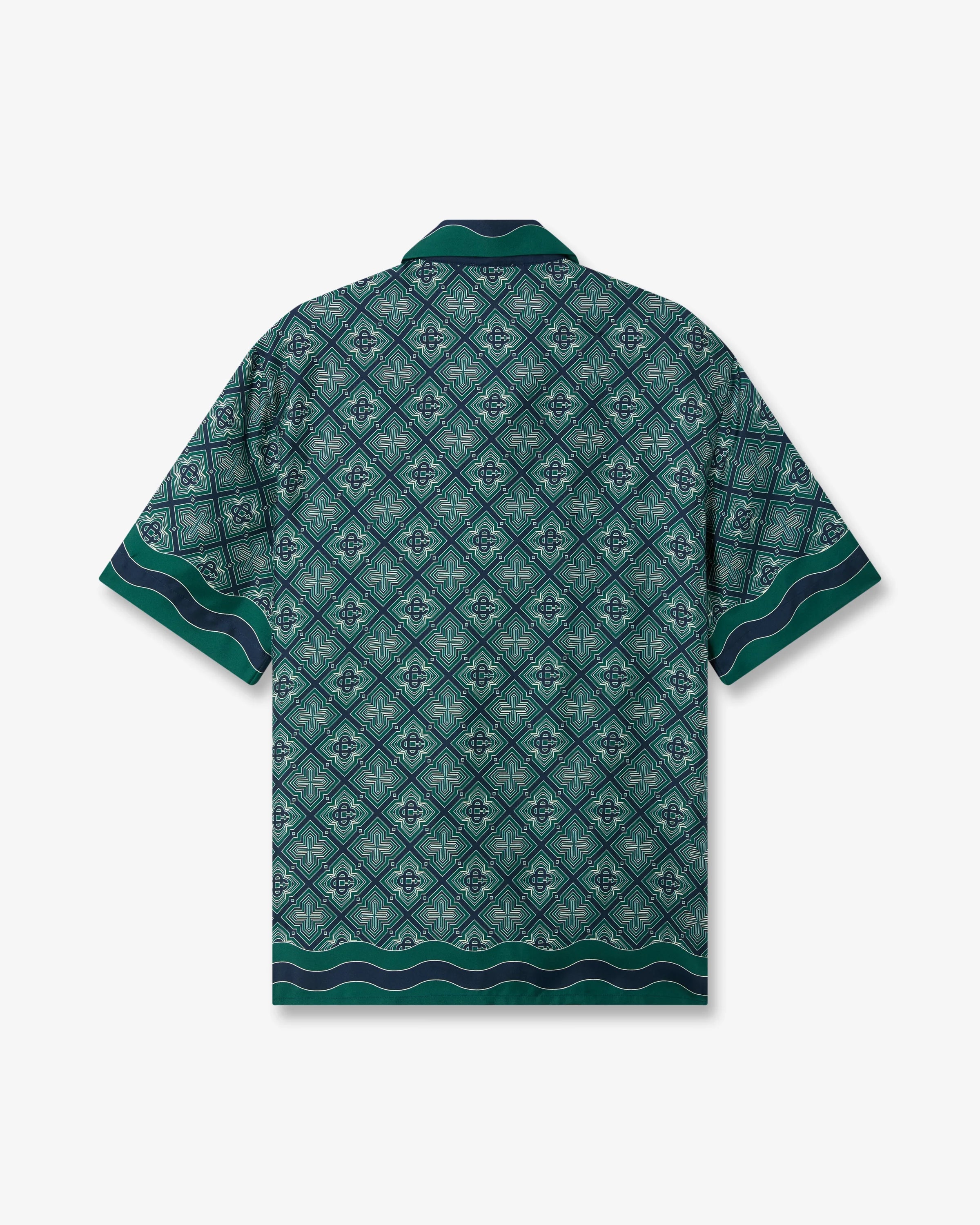 Dark Green Radiating Monogram Short Sleeve Silk Shirt