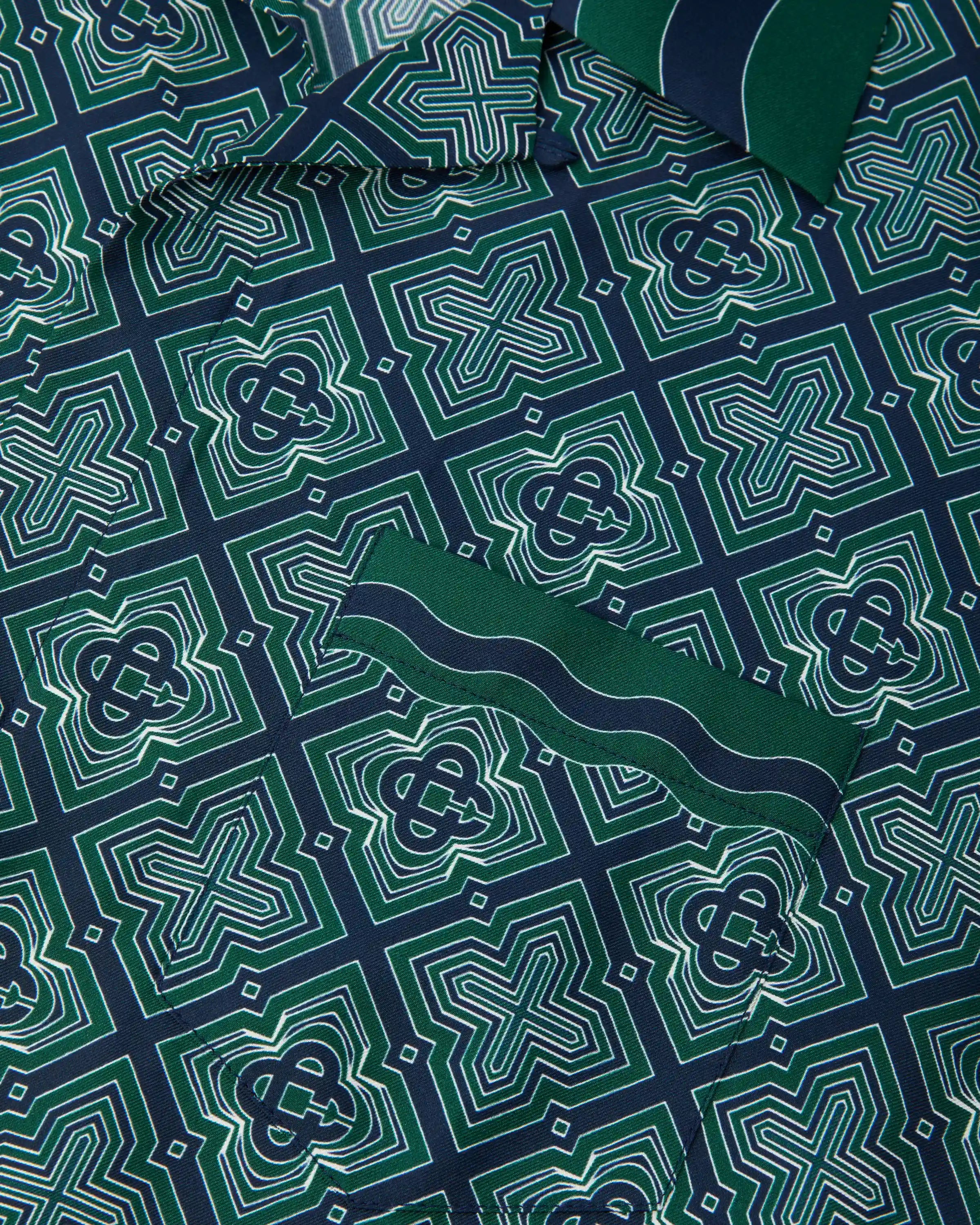 Dark Green Radiating Monogram Short Sleeve Silk Shirt