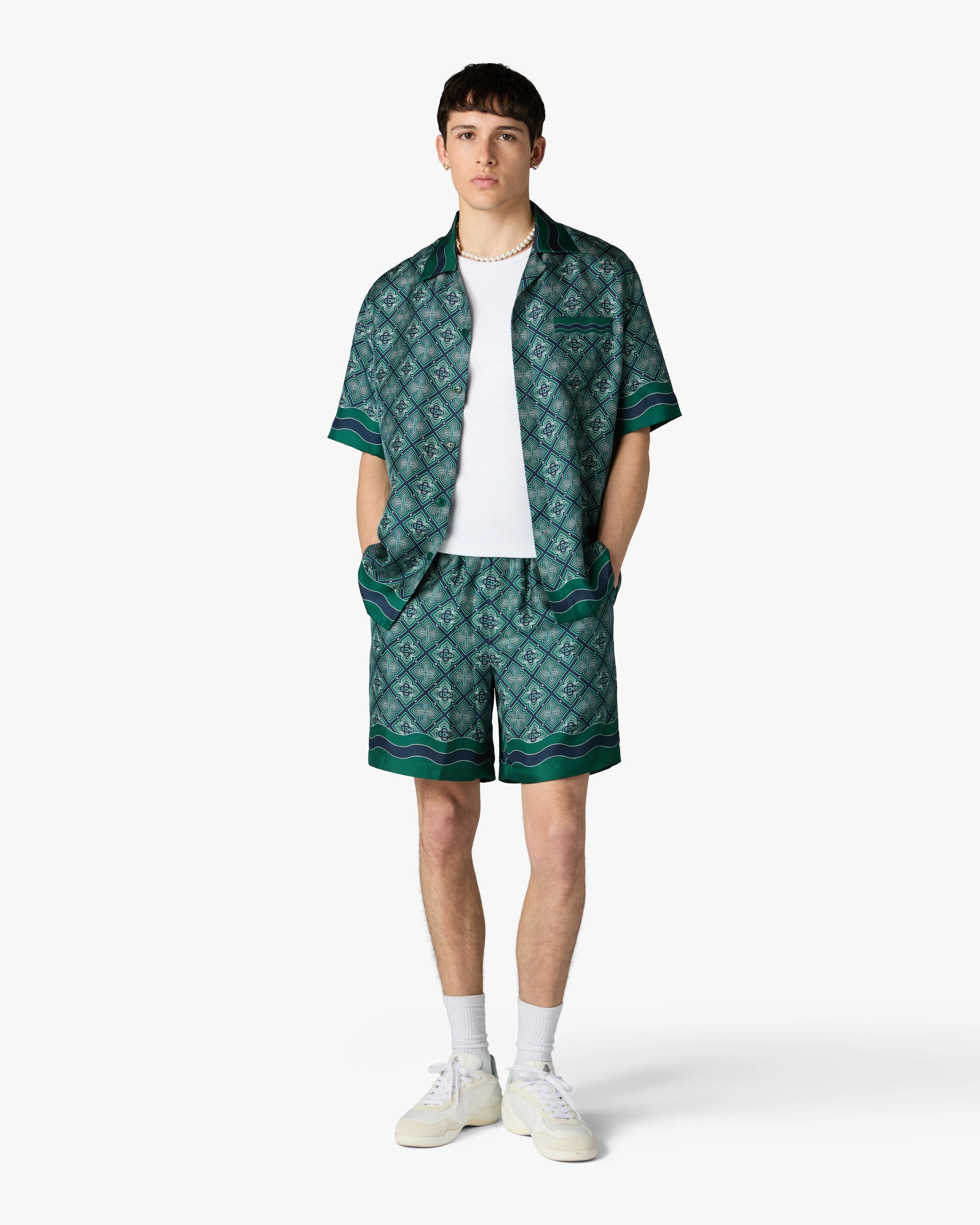 Dark Green Radiating Monogram Short Sleeve Silk Shirt