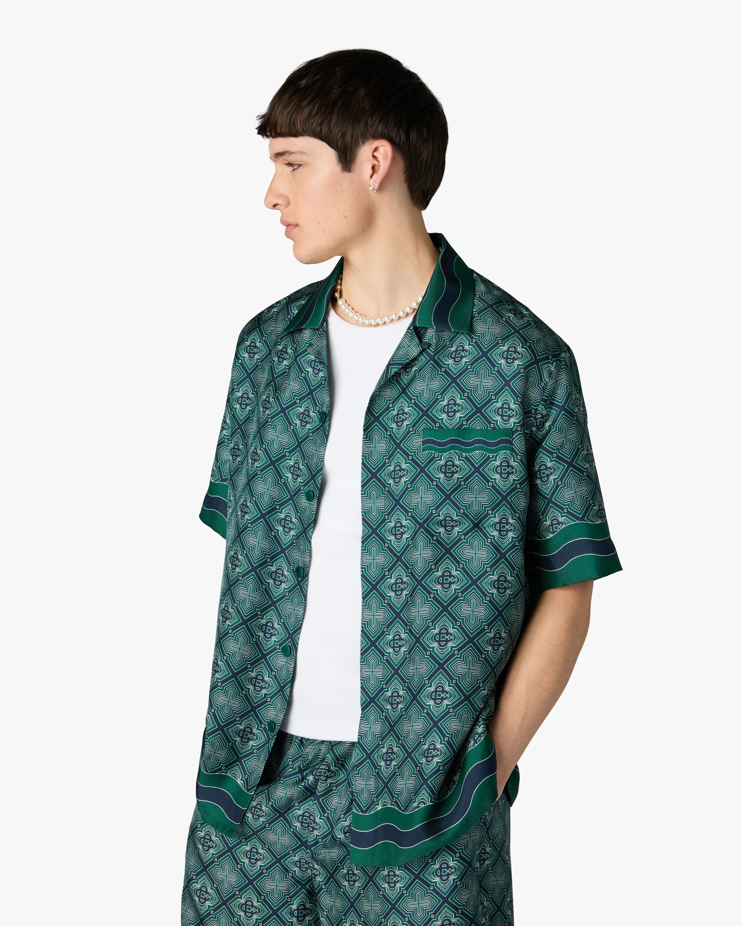 Dark Green Radiating Monogram Short Sleeve Silk Shirt