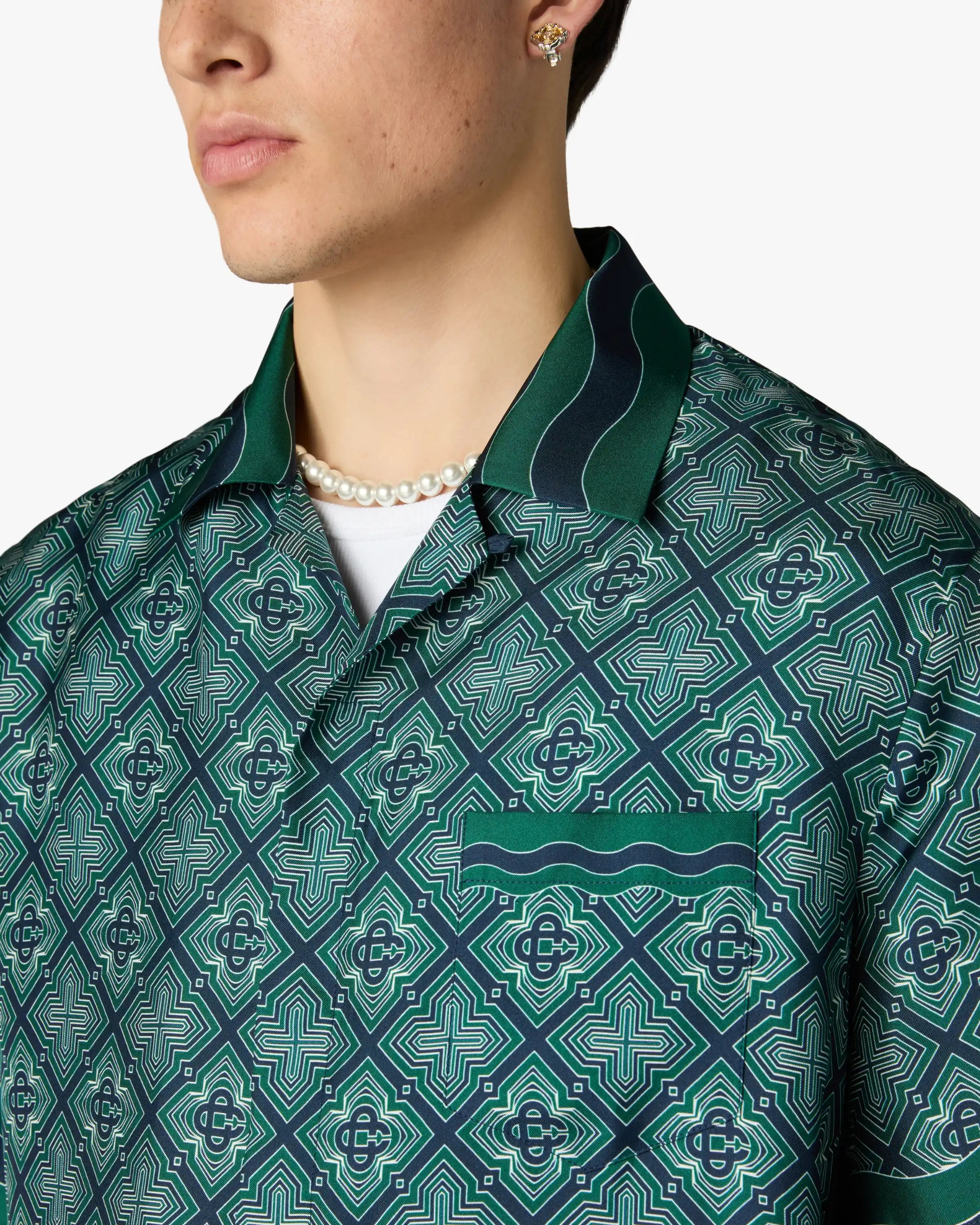 Dark Green Radiating Monogram Short Sleeve Silk Shirt