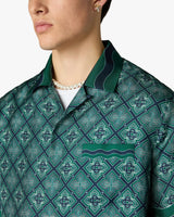 Dark Green Radiating Monogram Short Sleeve Silk Shirt