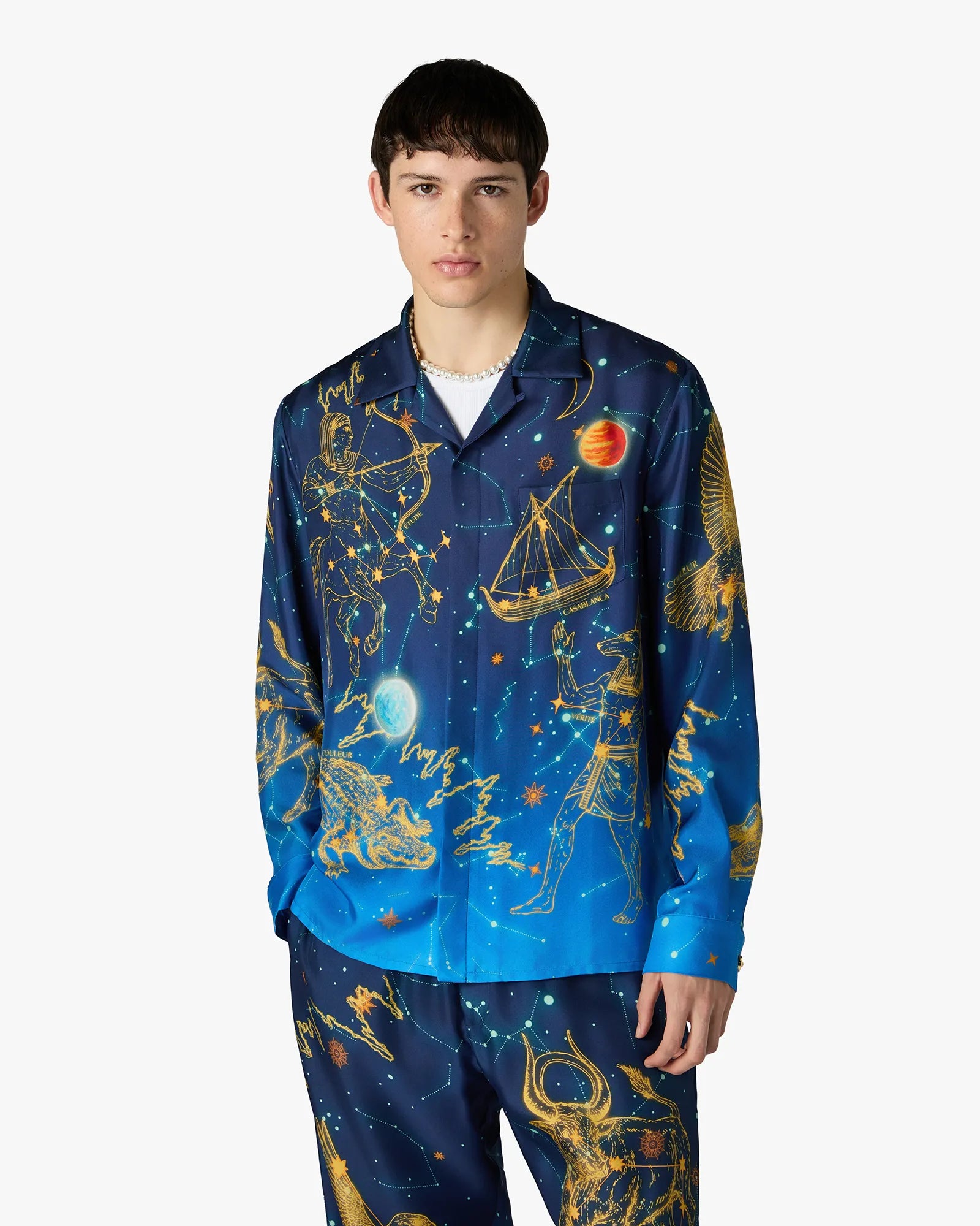 Blue Astrology Long Sleeve Silk Shirt